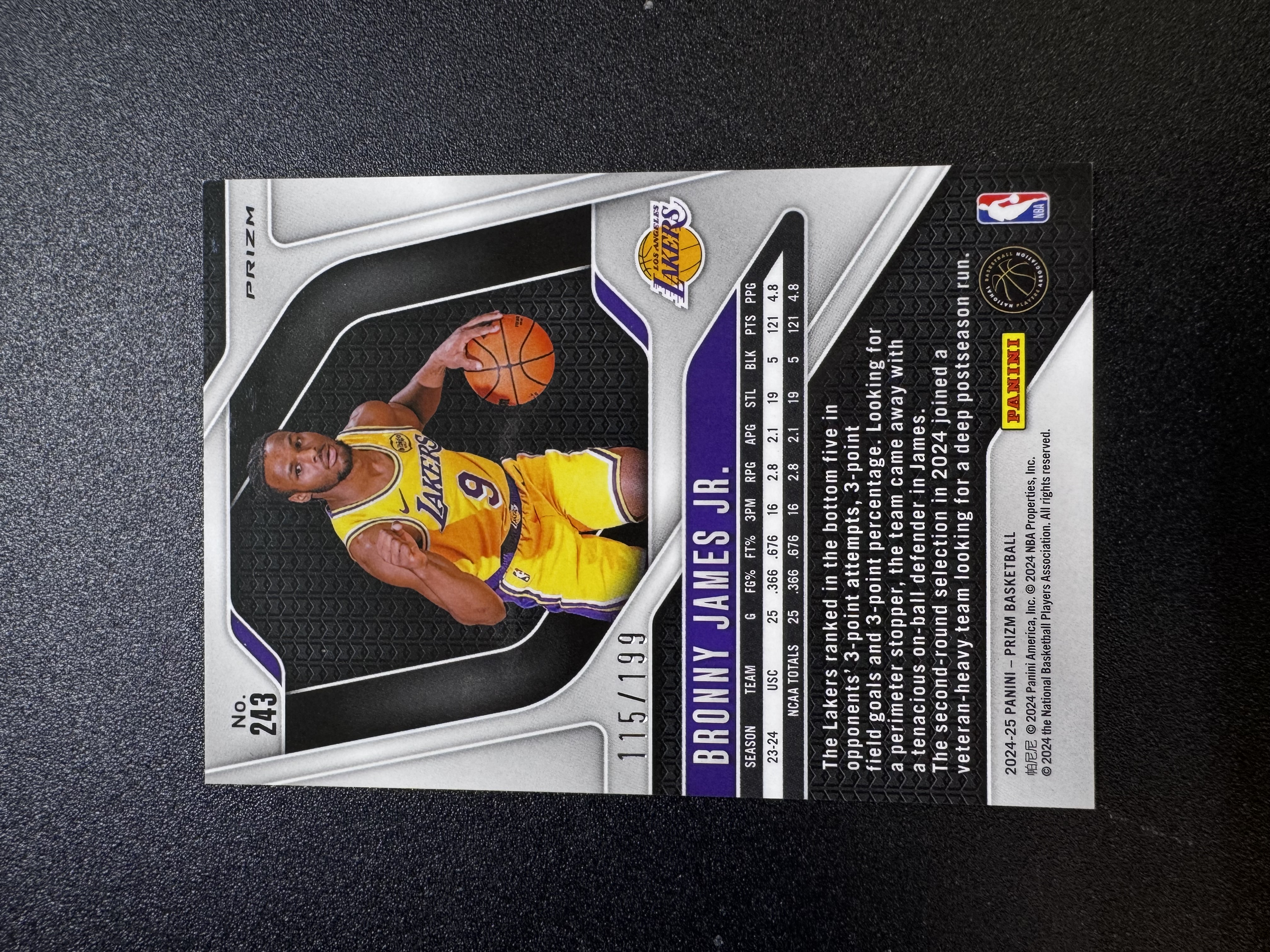 2024-25 Panini Prizm Bronny James RC PZ 布朗尼 詹姆斯 湖人 新秀 199编 蓝折 折射 卡品如图