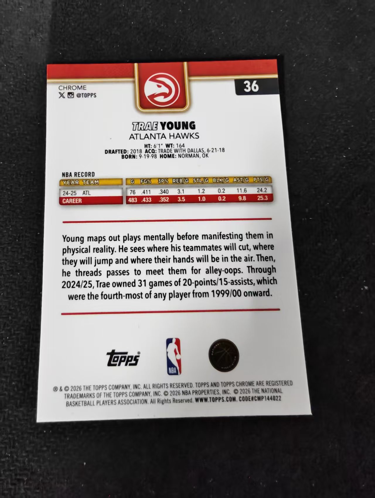 2026 Topps Chrome Update Trae Young 老鹰 吹杨 纽约市长 特雷杨 TCU 划痕 边角瑕疵 #36