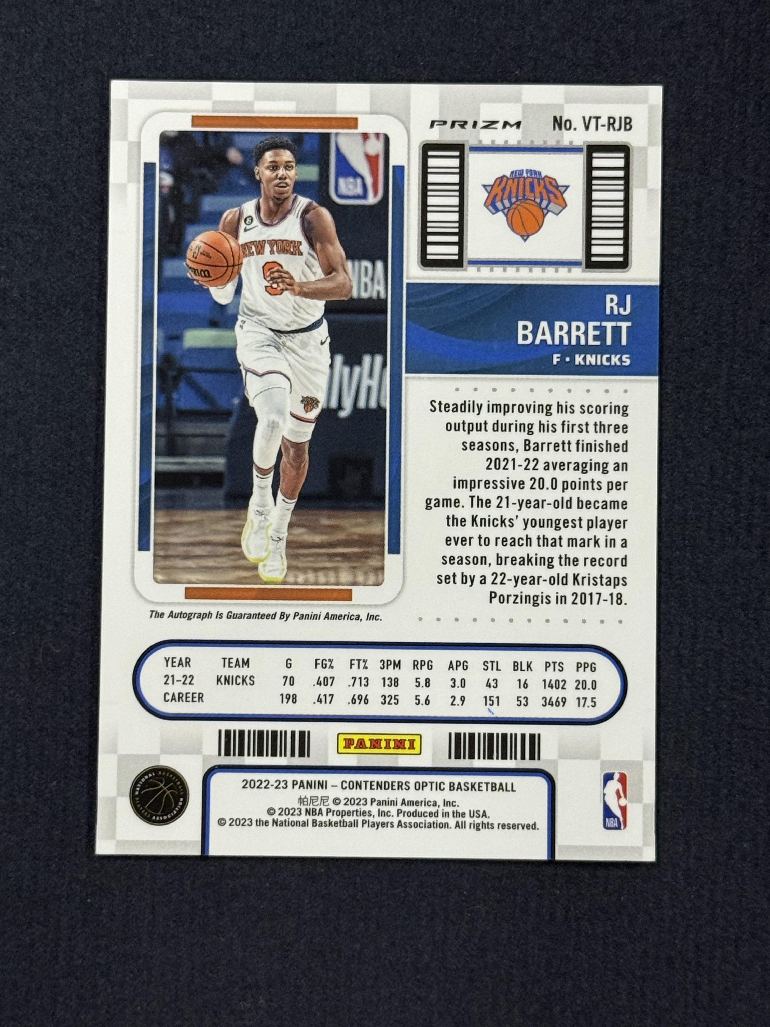 2022-23 Panini Contenders Optic RJ Barrett 【未定义潮】RJ 巴雷特 RJB 球票 银折 折射 OPTIC 大狙 卡签 尼克斯 卡品如图天 01