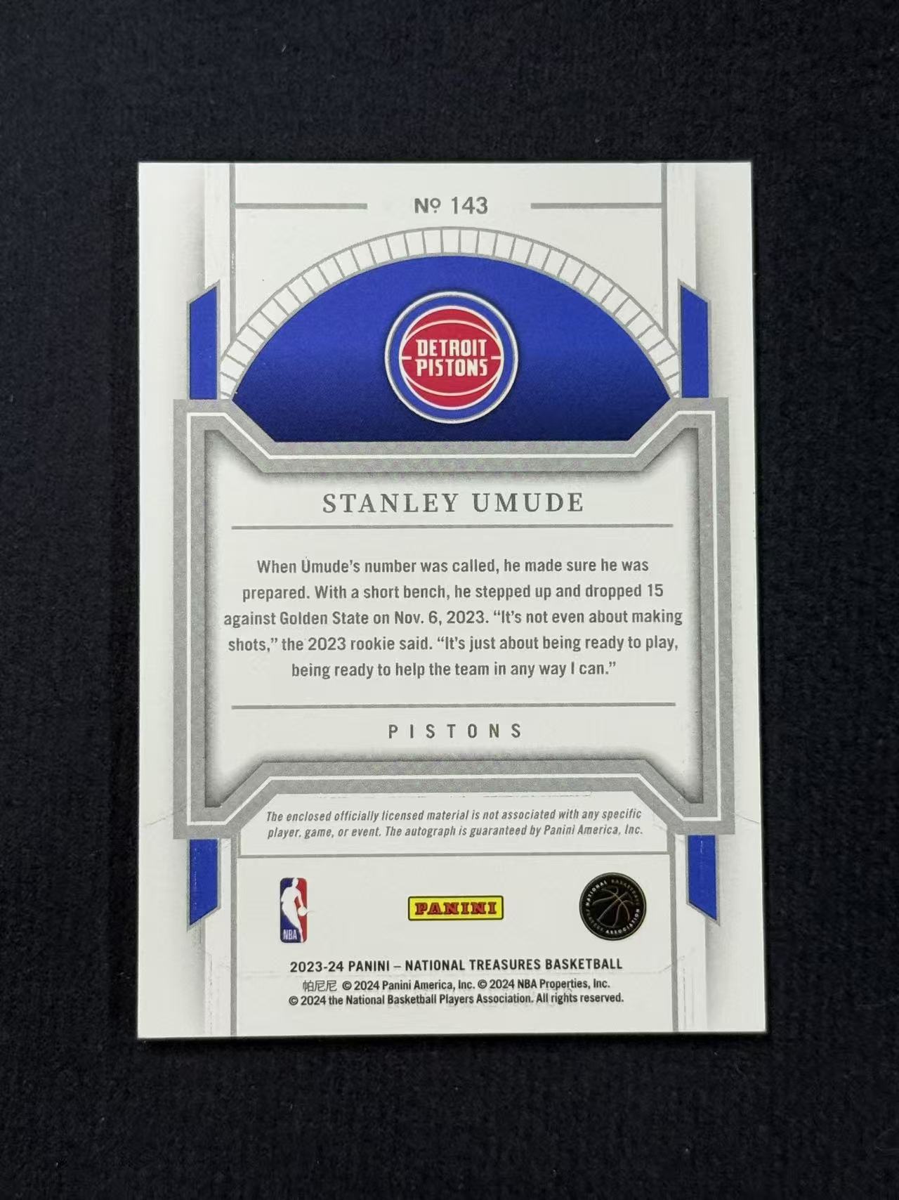 2023-24 Panini National Treasures Stanley Umude 【未定义潮】斯坦利 乌穆德 活塞 国宝 新秀 RC 正RPA 大窗 卡签 /99编 卡品如图 杜01