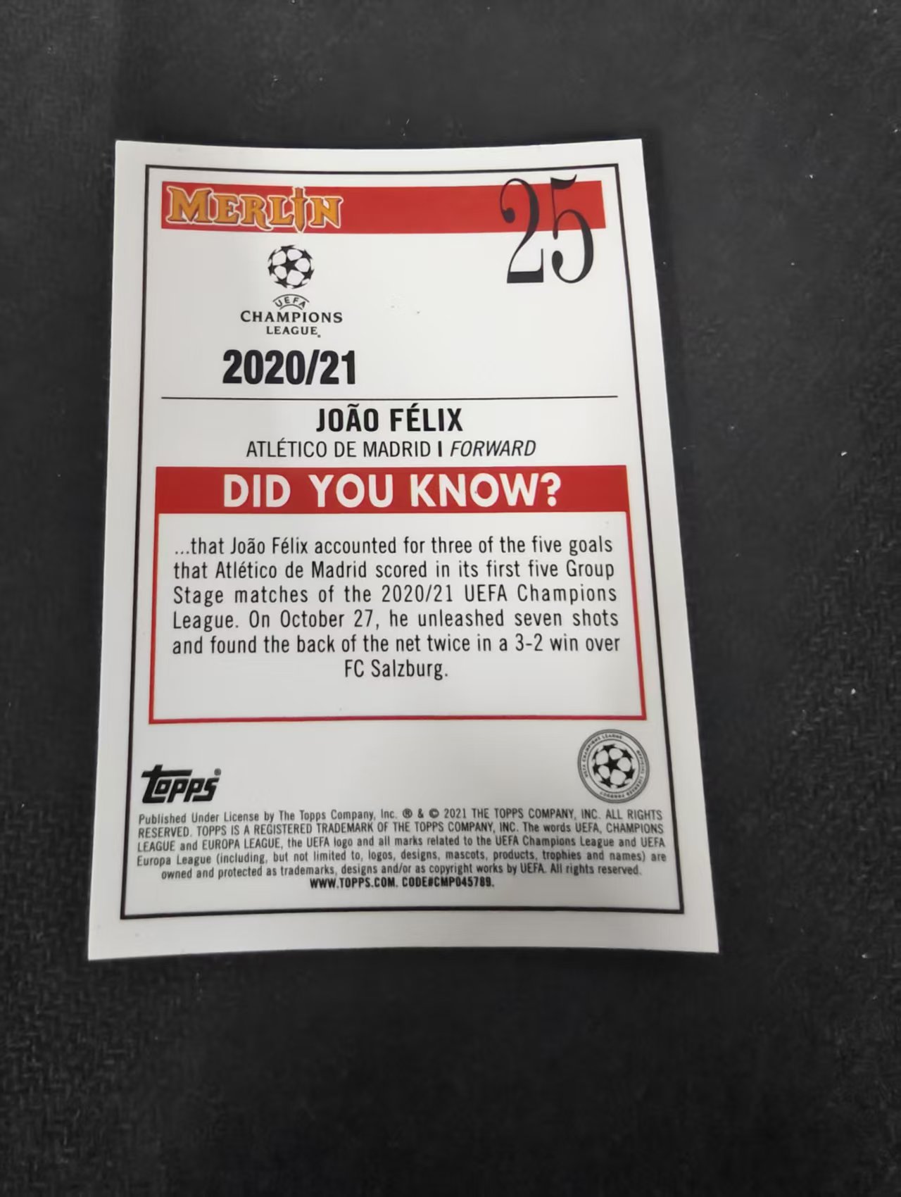【可合并,不累计】2021 Topps Merlin Joao Felix 欧战 梅林 切尔西 菲利克斯 划痕 边角瑕疵 #25
