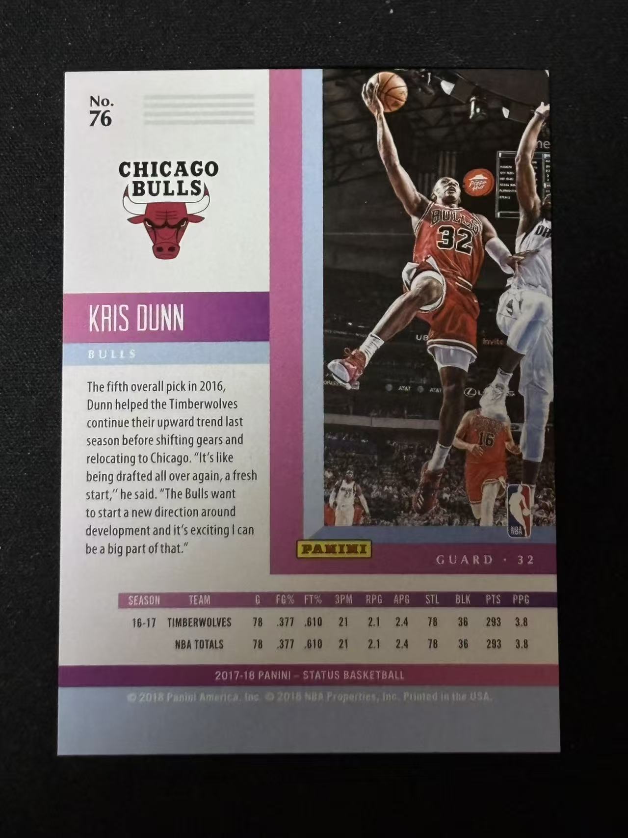 2018 Panini Status Kris Dunn 【磊子球星卡】公牛 克里斯 邓恩 折射 299编 小粉红 卡品如图