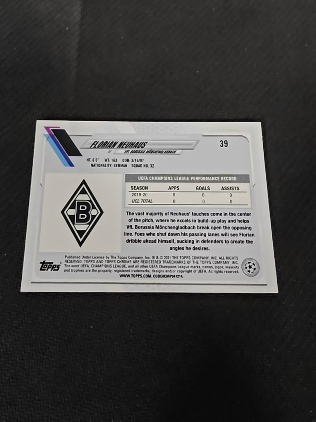 【可合并,不累计】2021 Topps Chrome Florian Neuhaus 欧冠 蓝宝石 门兴格拉德巴赫 诺伊豪斯 蓝碎冰 #39 划痕 边角瑕疵