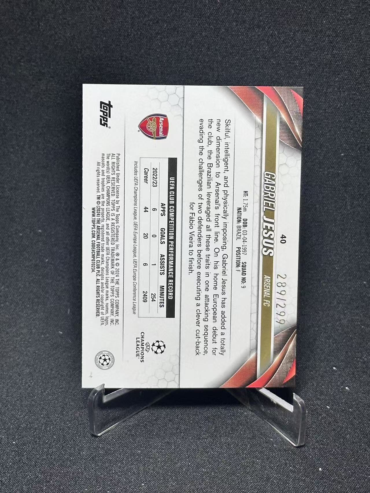 2024 Topps UEFA Champions League Gabriel Jesus 【哆哆卡社】加布里埃尔·热苏斯 299编 紫折 欧冠巴西 卡品如图