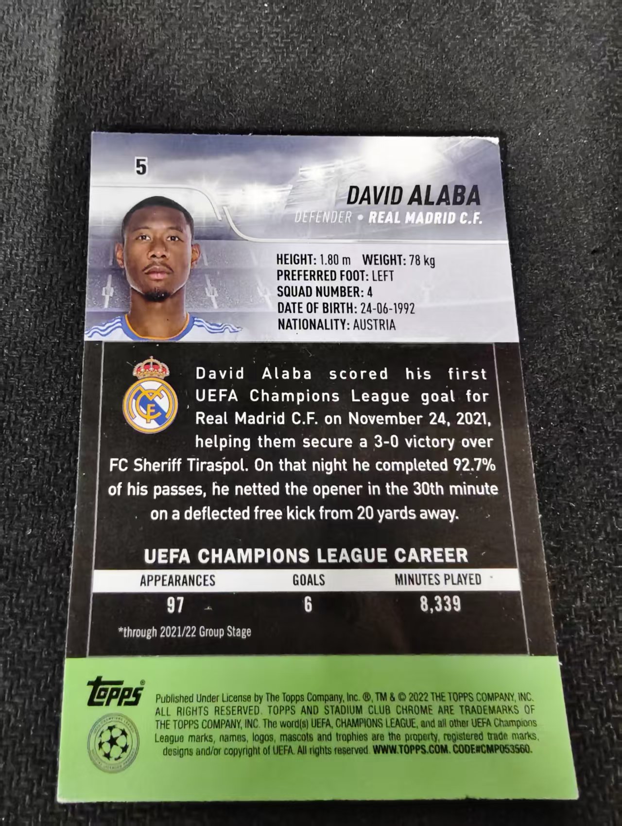 【可合并,不累计】 2022 Topps Stadium Club David Alaba 大卫 阿拉巴 皇马 竞技场 欧冠 不保卡品 介意勿拍 #5