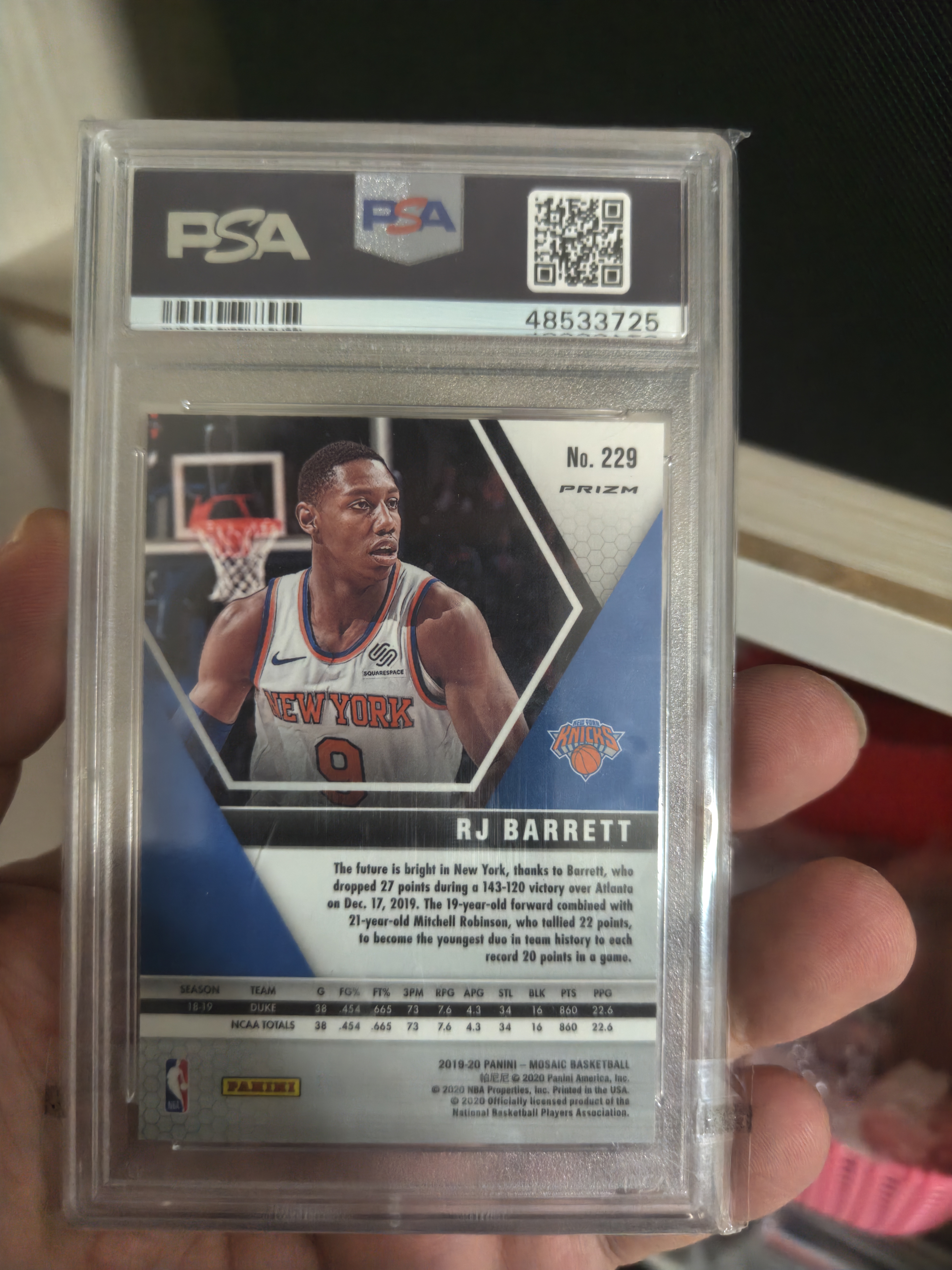 2019-20 Panini Mosaic RJ Barrett RC #229 PSA9 新秀年 选秀年 rookie RJ巴雷特 RJB 爆炸折 折射 尼克斯 巴雷特 马赛克 RC 蓝爆炸折