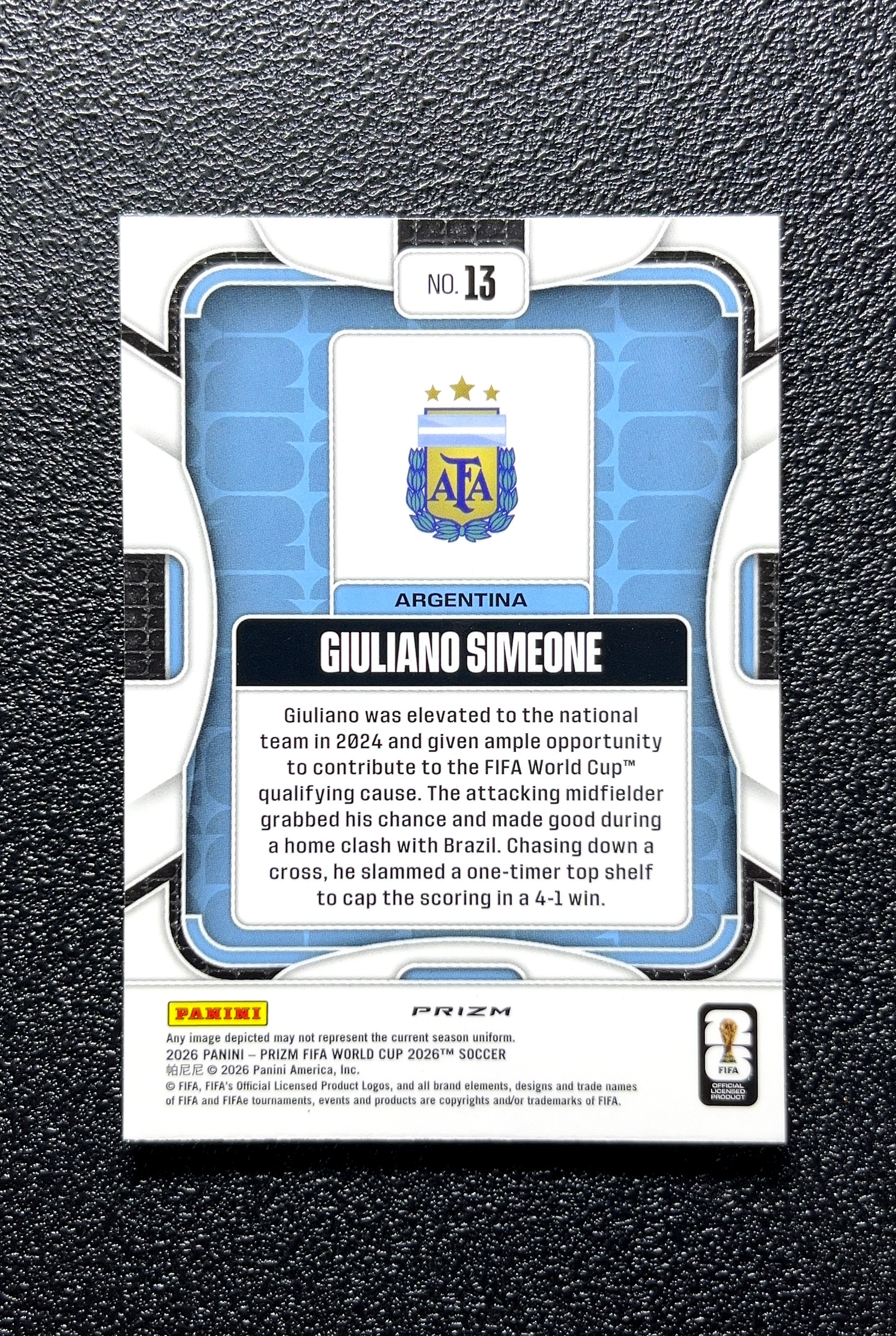 【小白1%代卖】2026 Panini Prizm Giuliano Simeone 吉利亚诺·西梅奥内 卡品如图 高价值 #13 Argentina 阿根廷 0809