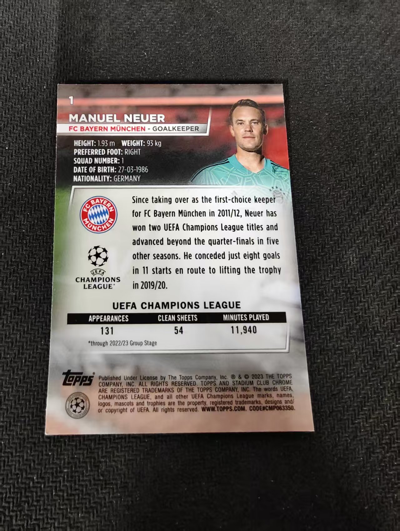 【可合并,不累计】2023 Topps Stadium Club Chrome Manuel Neuer 诺伊尔 拜仁慕尼黑 欧冠 竞技场 不保卡品 介意勿拍 #1