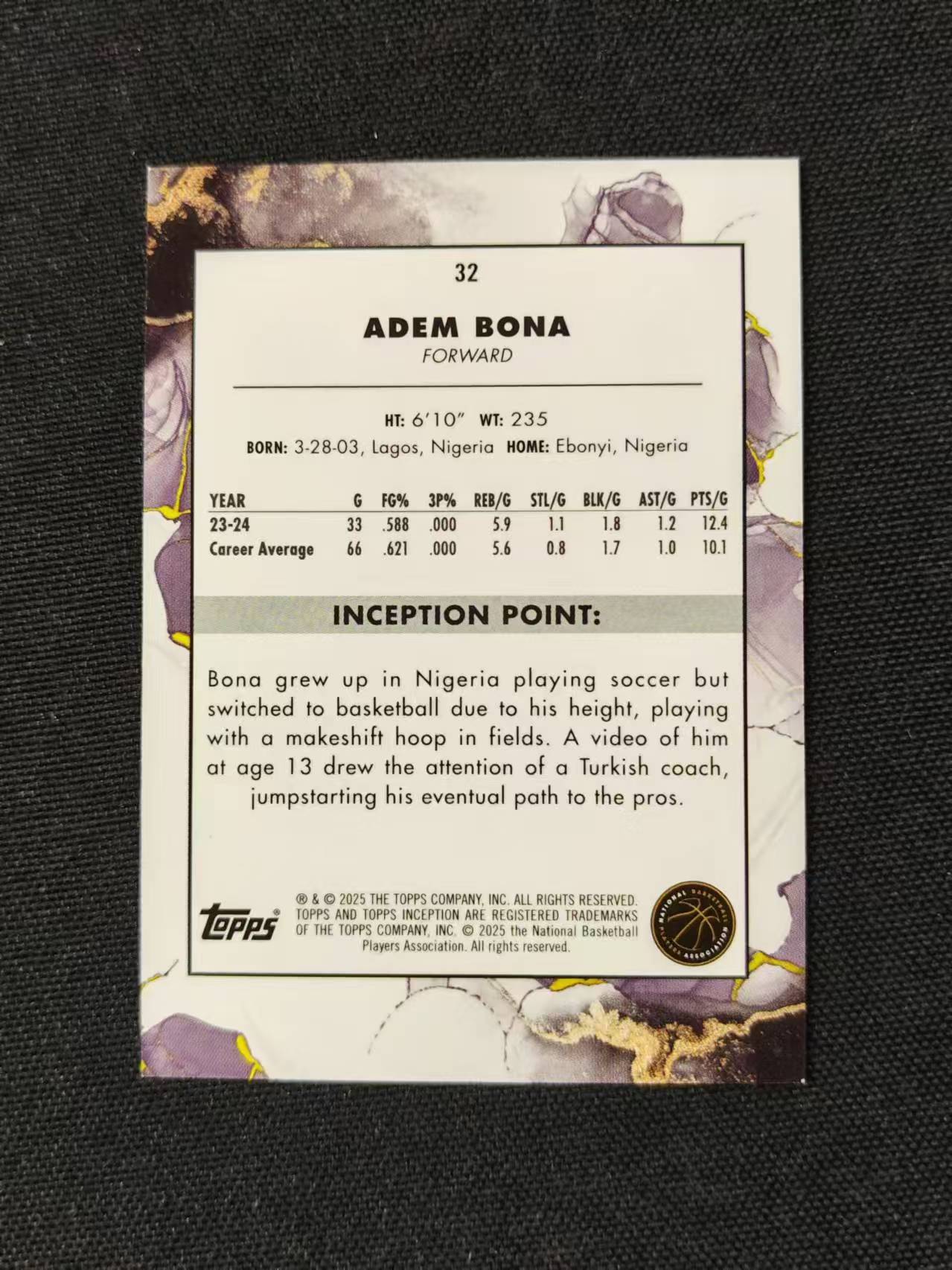 2025 Topps Inception Adem Bona 阿德姆 博纳 RC 新秀 Base 盗梦空间 微瑕 洛北拍卖 薛总5017G