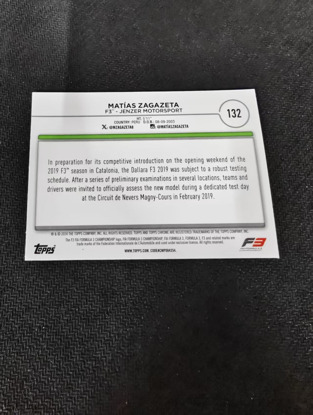2024 Topps Chrome F1 Matias Zagazeta F3 马蒂亚斯 扎加泽塔 F3 划痕 边角瑕疵 #132