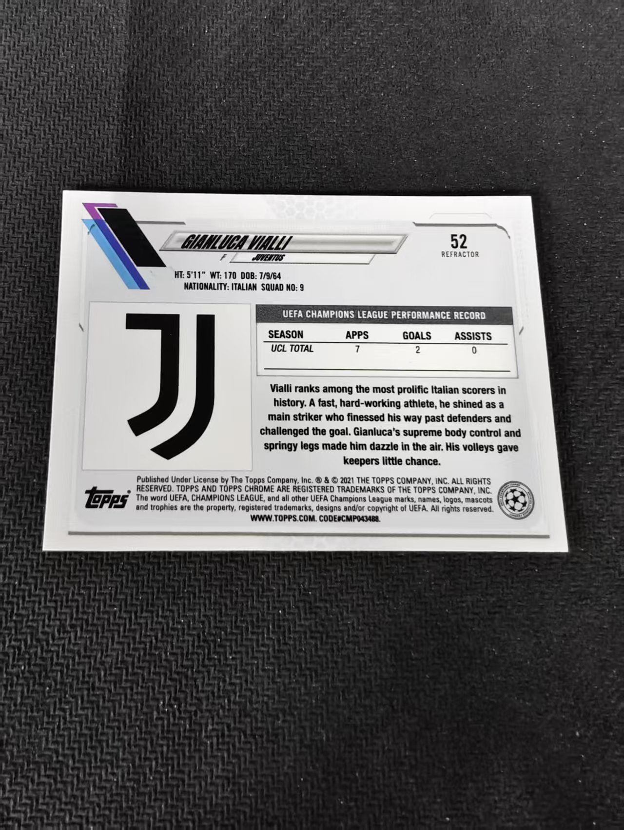 【可合并,不累计】2021 Topps Chrome gianluca vialli 詹卢卡 维亚利 尤文图斯 欧冠 银折 划痕 边角瑕疵 #52