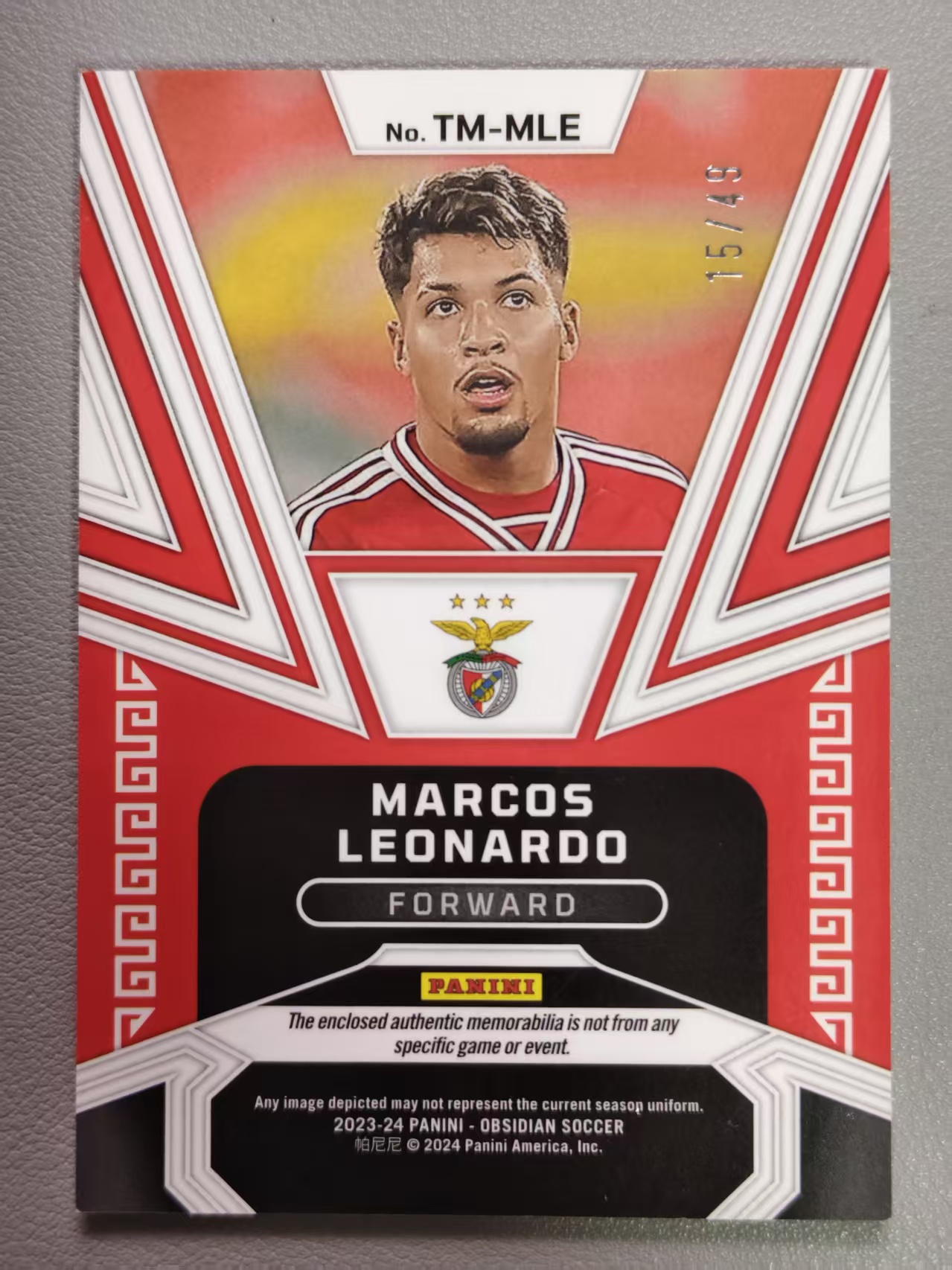 【阿泽代卖】2023-24 Panini Obsidian 黑曜石 Marcos Leonardo 本菲卡 新秀 RC 莱昂纳多 /49编 折射 三窗物料 球衣切割 卡品如图 介意勿拍-MAN