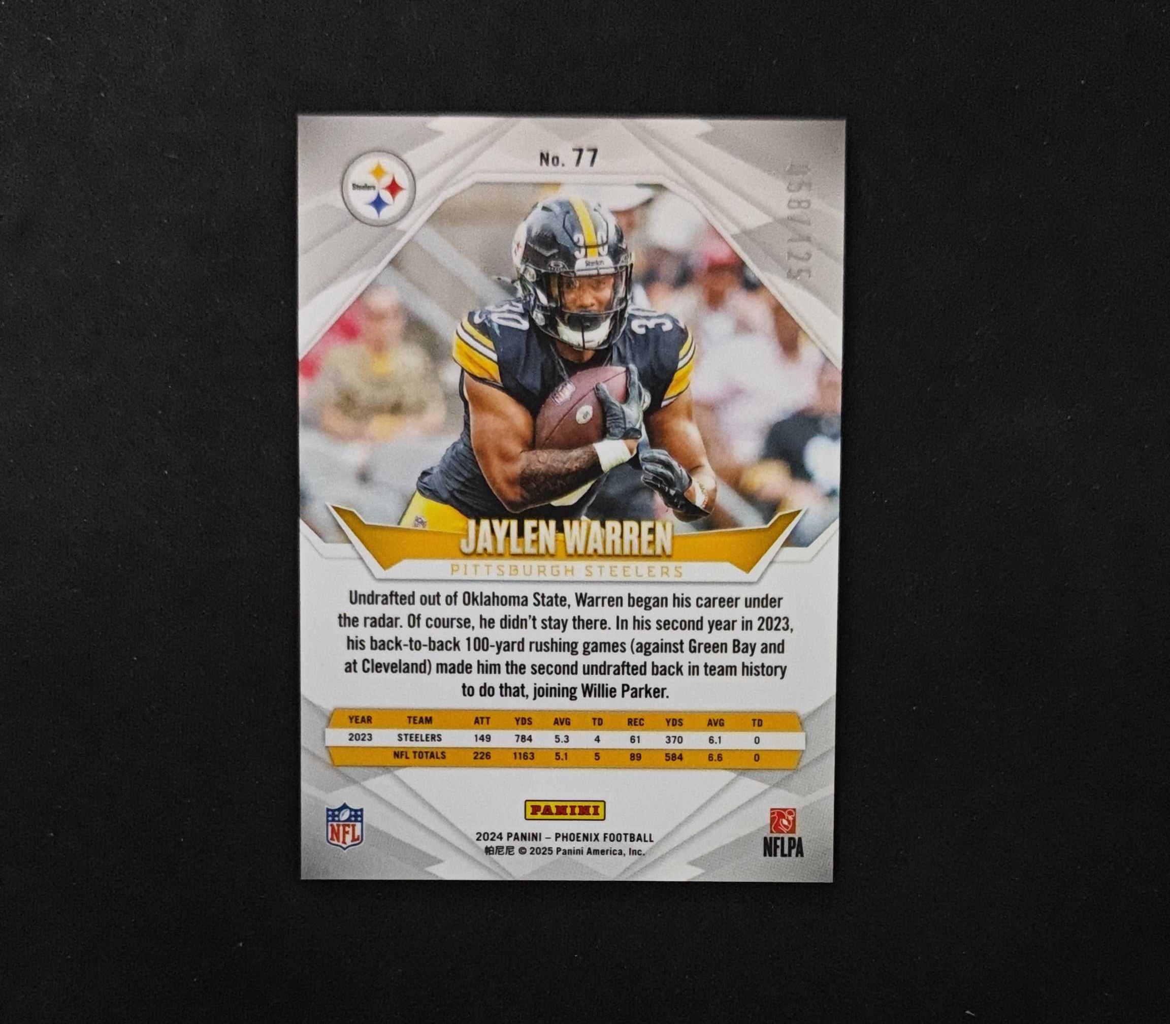 2024 Panini Phoenix jaylen warren 【SC拍卖】橄榄球 凤凰 钢人 杰伦沃伦 58/125编 银折 收藏必备(mo白先生)