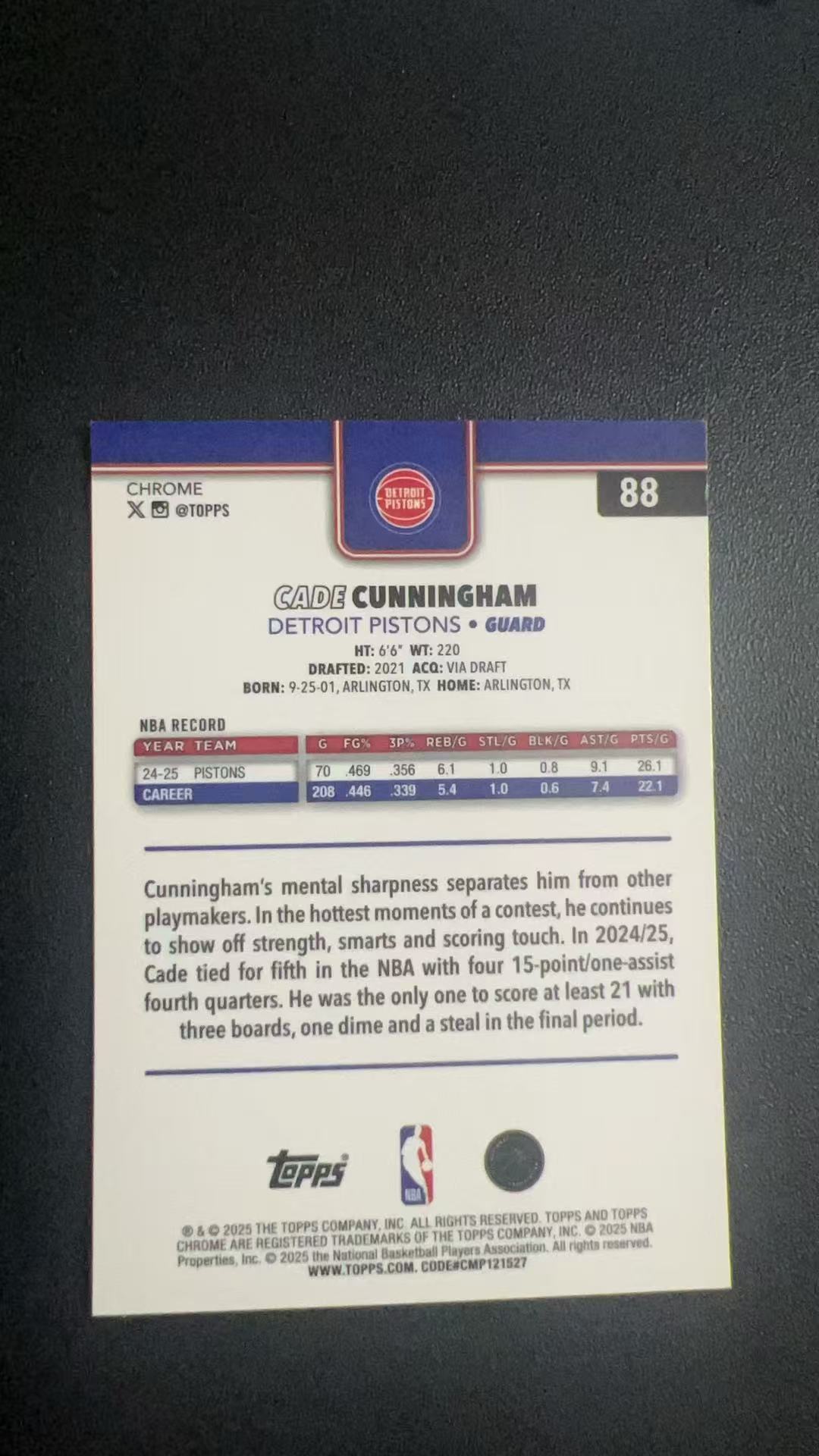 2025 Topps Chrome Cade Cunningham #88 B11