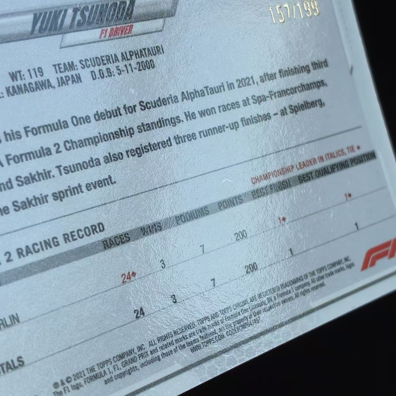 【杰基拍卖】2021 Topps Chrome Yuki Tsunoda F1 角田裕毅 新秀 定妆照 紫棋盘折 199编 卡品如图(cris)