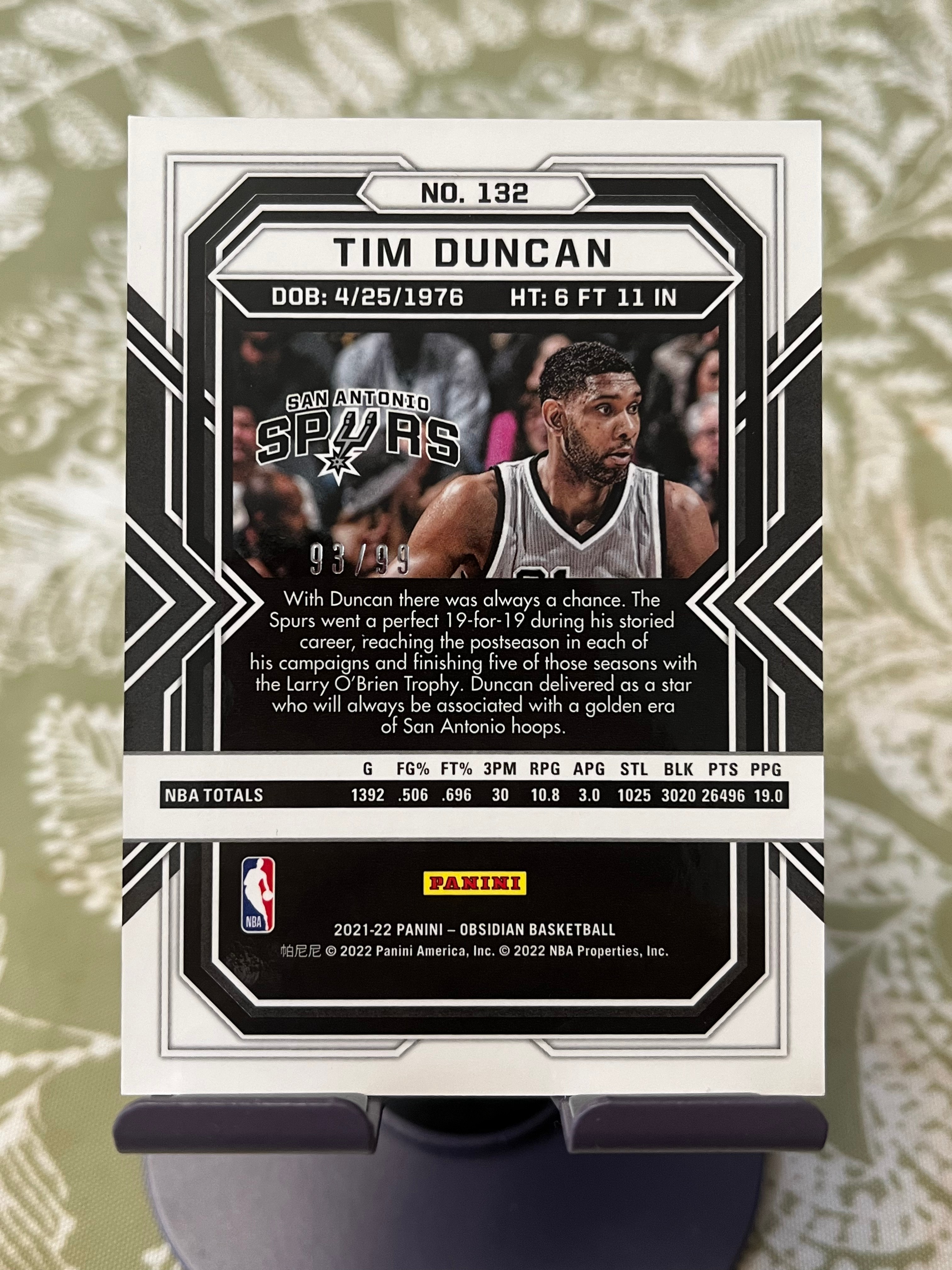 2021-22 Panini Obsidian Tim Duncan 蒂姆 邓肯 石佛 马刺【带编 93/99 折射 银折 黄平行 黑曜石系列】【边角瑕疵如图 介意勿拍】#1156