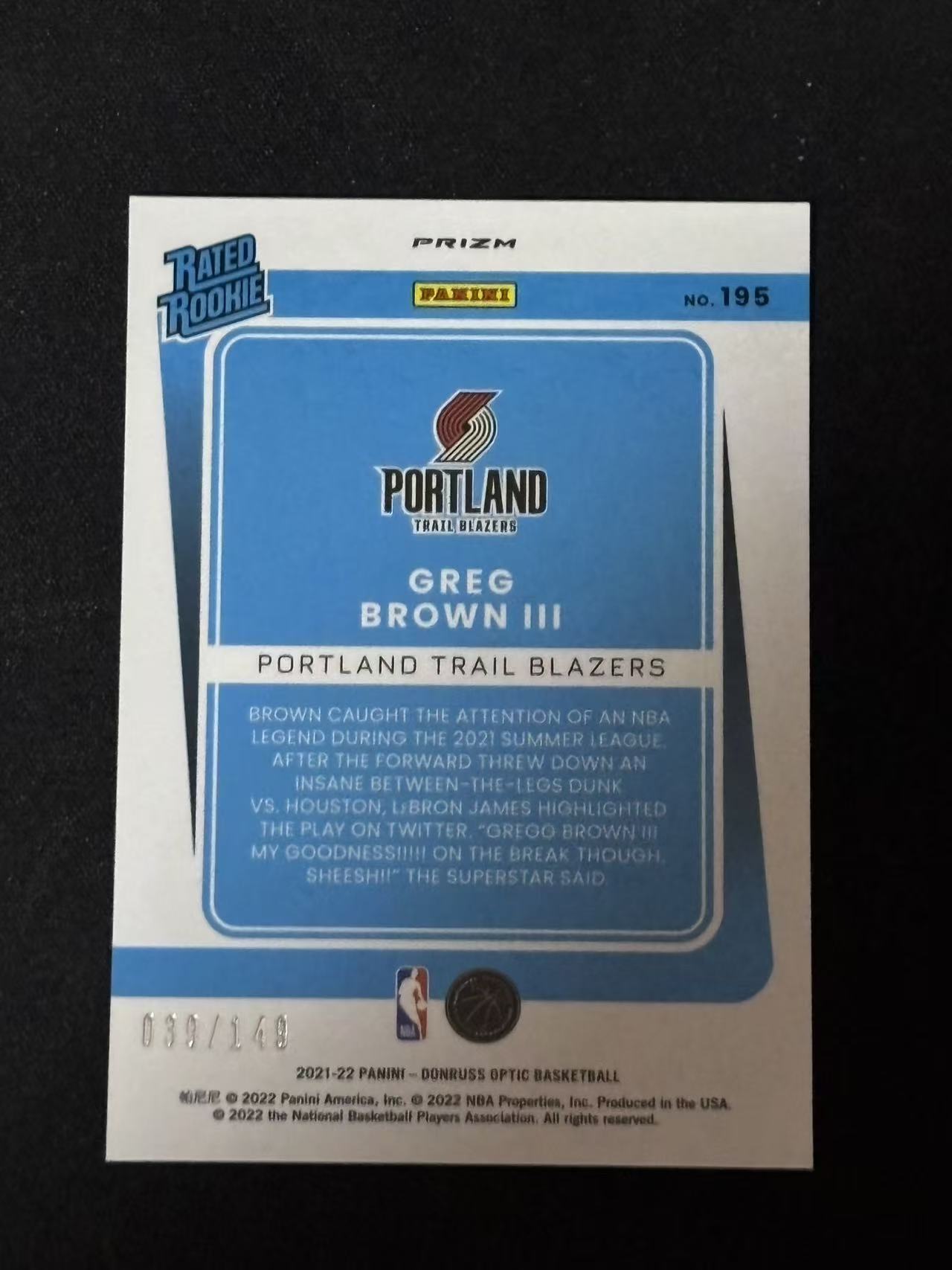 2021-22 Panini Optic Greg Brown III RC 【磊子球星卡】格雷格·布朗三世 新秀 绿折 149编 实卡精美 错过后悔 投资收藏