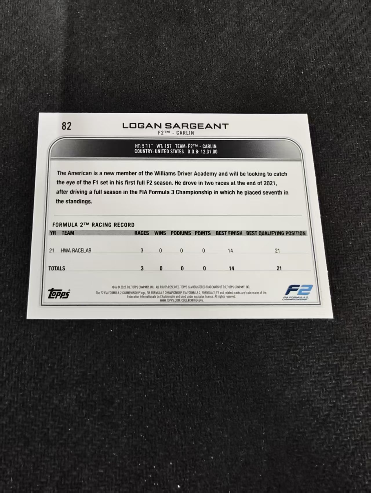 2022 Topps Chrome F1 logan sargeant 罗根 萨金特 F2 黑白棋盘 划痕 边角瑕疵@82