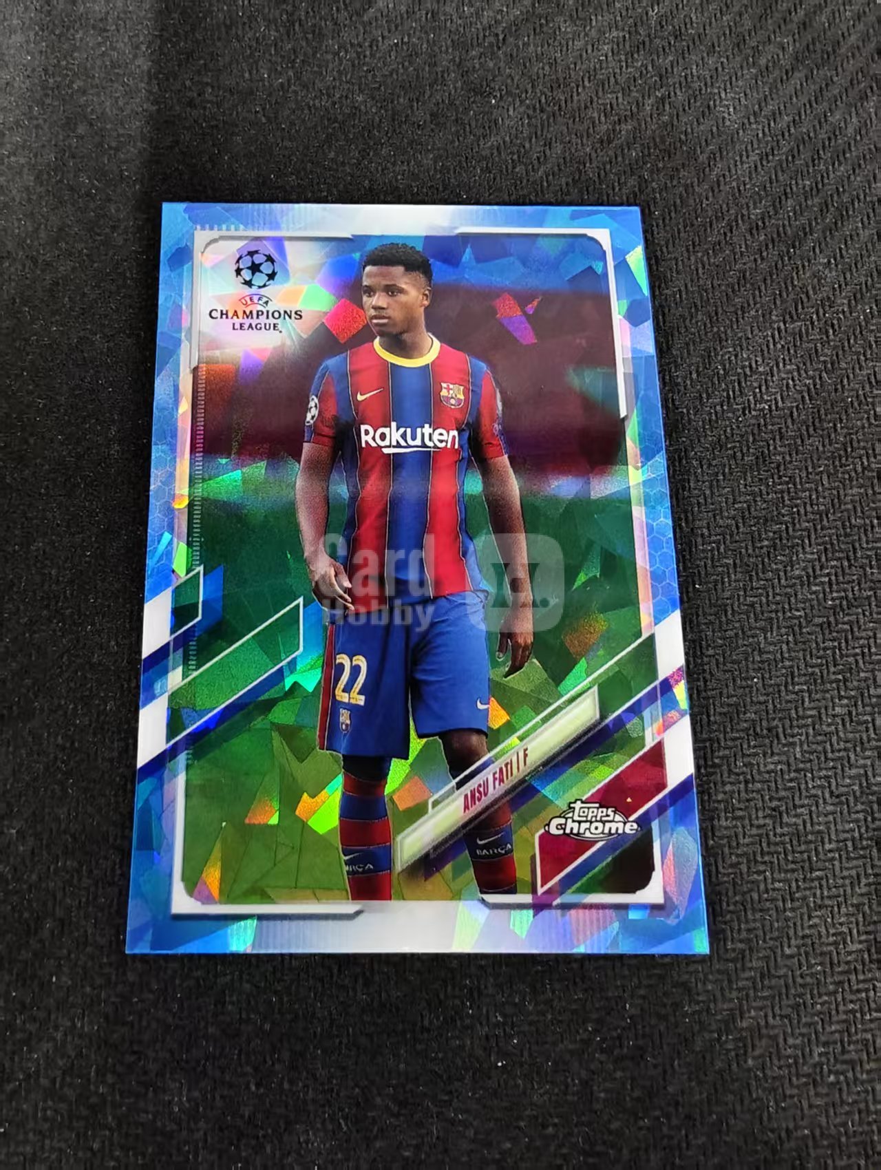 【可合并,不累计】2021 Topps Chrome Ansu Fati 欧冠 蓝宝石 巴萨 安苏 法蒂 蓝碎冰折 折射 #15 划痕 边角瑕疵