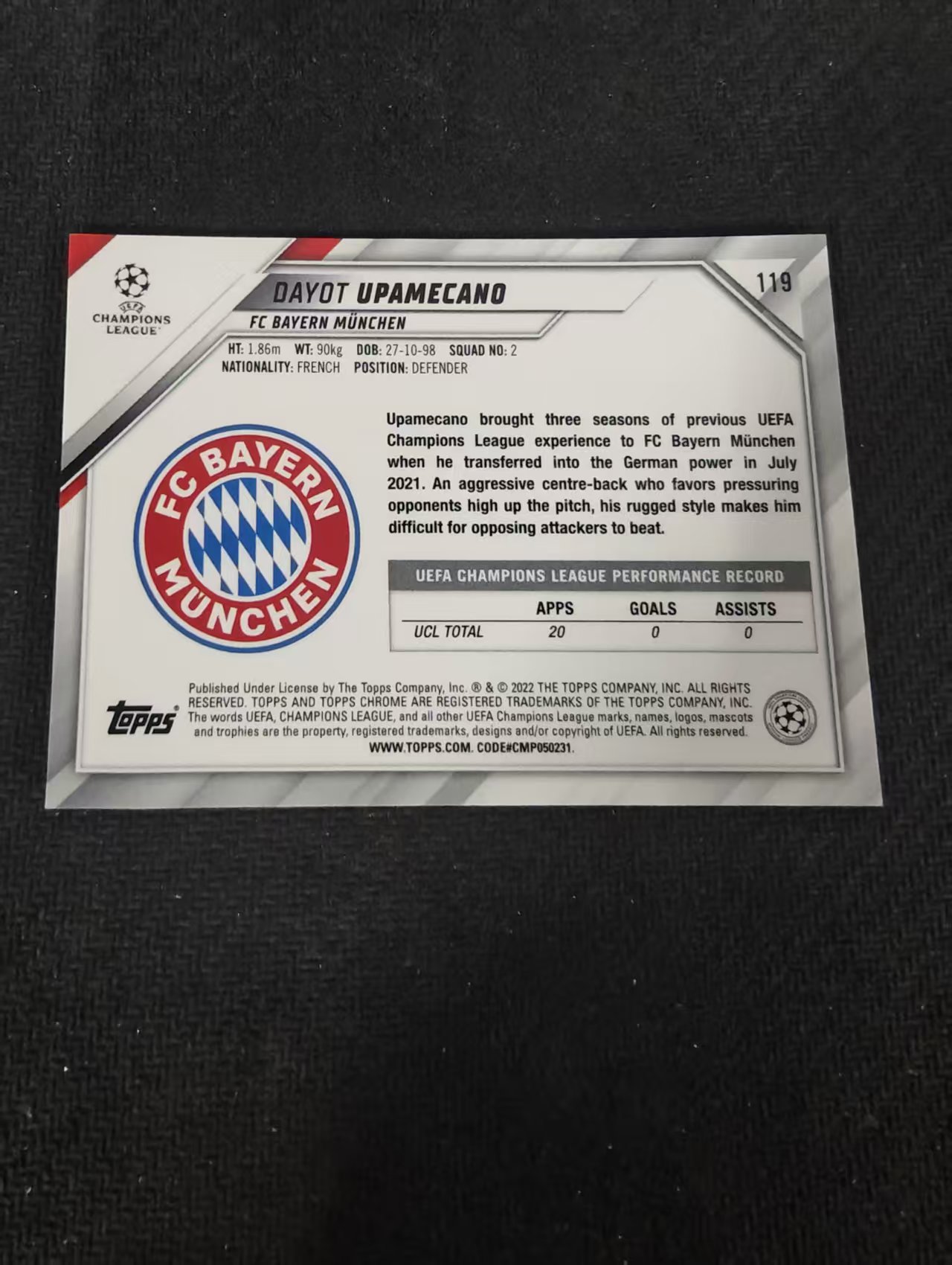 【可合并,不累计】2022 topps chrome Dayot Upamecano 欧冠 拜仁 达约 于帕梅卡诺 欧冠 不保卡品 介意勿拍 #119