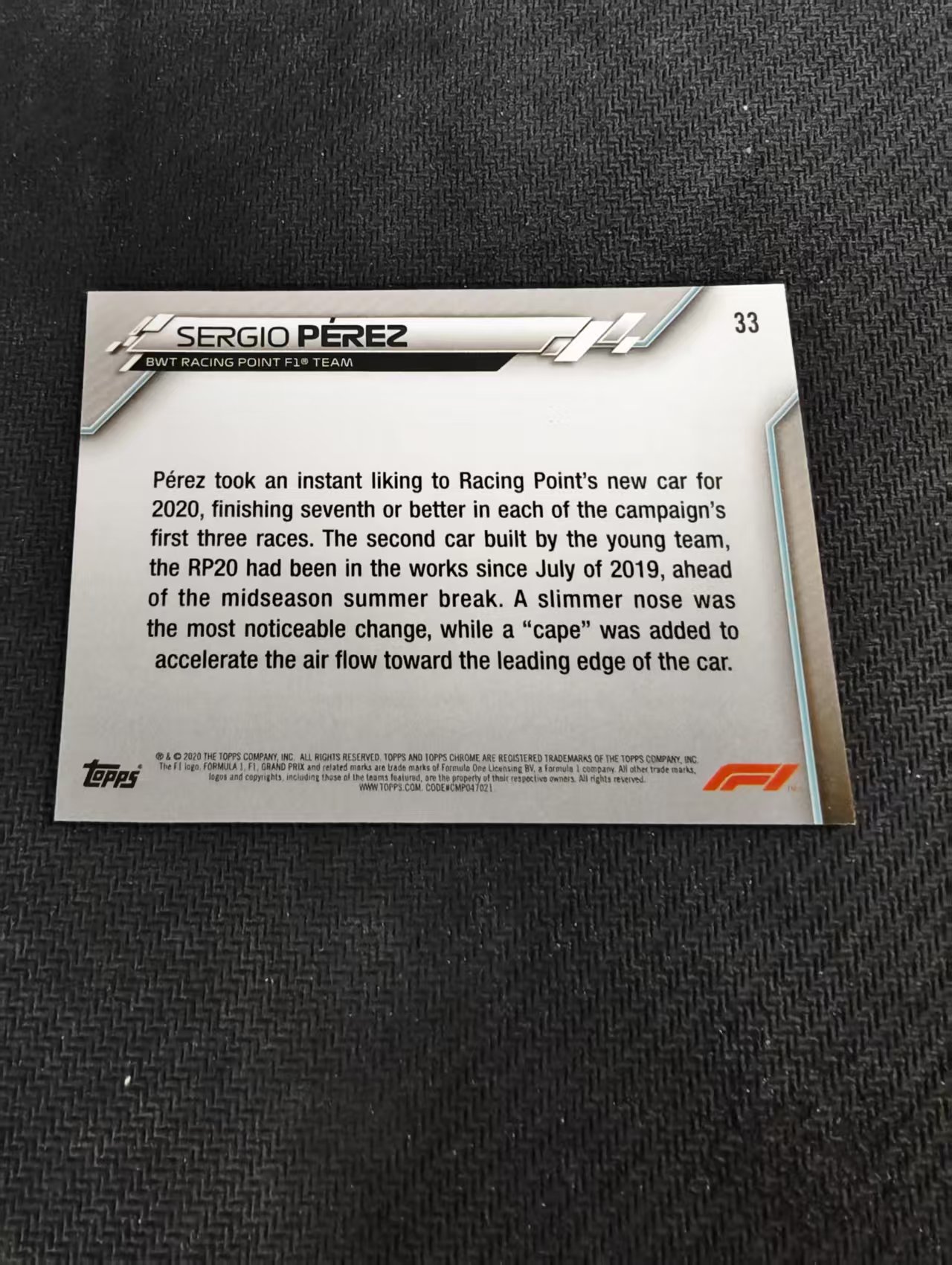 【汽水拍卖】2020 Topps Chrome Sergio Perez F1 佩雷兹 元年 蓝宝石 碎冰折 划痕 边角瑕疵#33