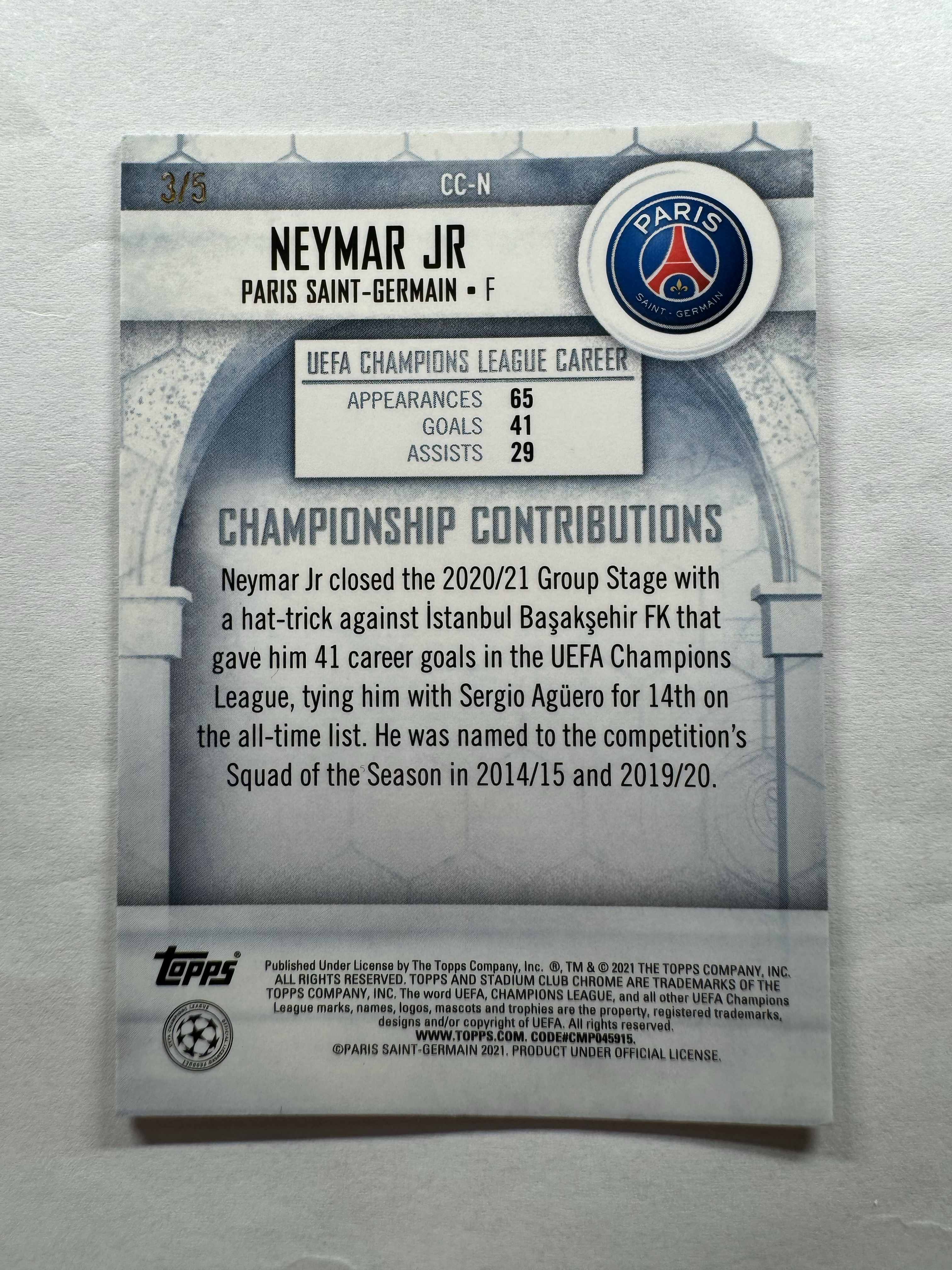 2021 Topps Stadium Club Chrome Neymar 内马尔 竞技场 3/5 5编 黑折 巴萨 巴塞罗那 FCB 巴黎 巴西 卡品如图 超帅选图 梅西队友 亚马尔偶像 江枫拍卖