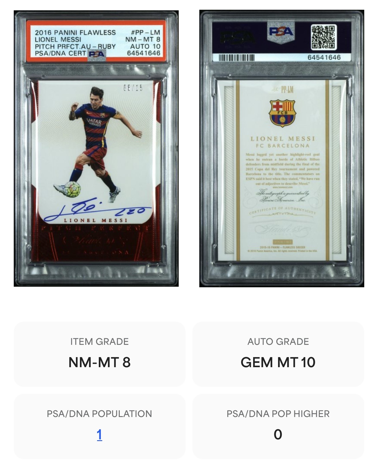 【FCB拍卖】2016 PANINI FLAWLESS LIONEL MESSI 里奥 梅西 签字 卡签 15编 红折 6/15 PSA8/10 暂无更高分 pop1 巴阿根廷 世界杯冠军 元年手提{Run277}FCBN11代理拍卖