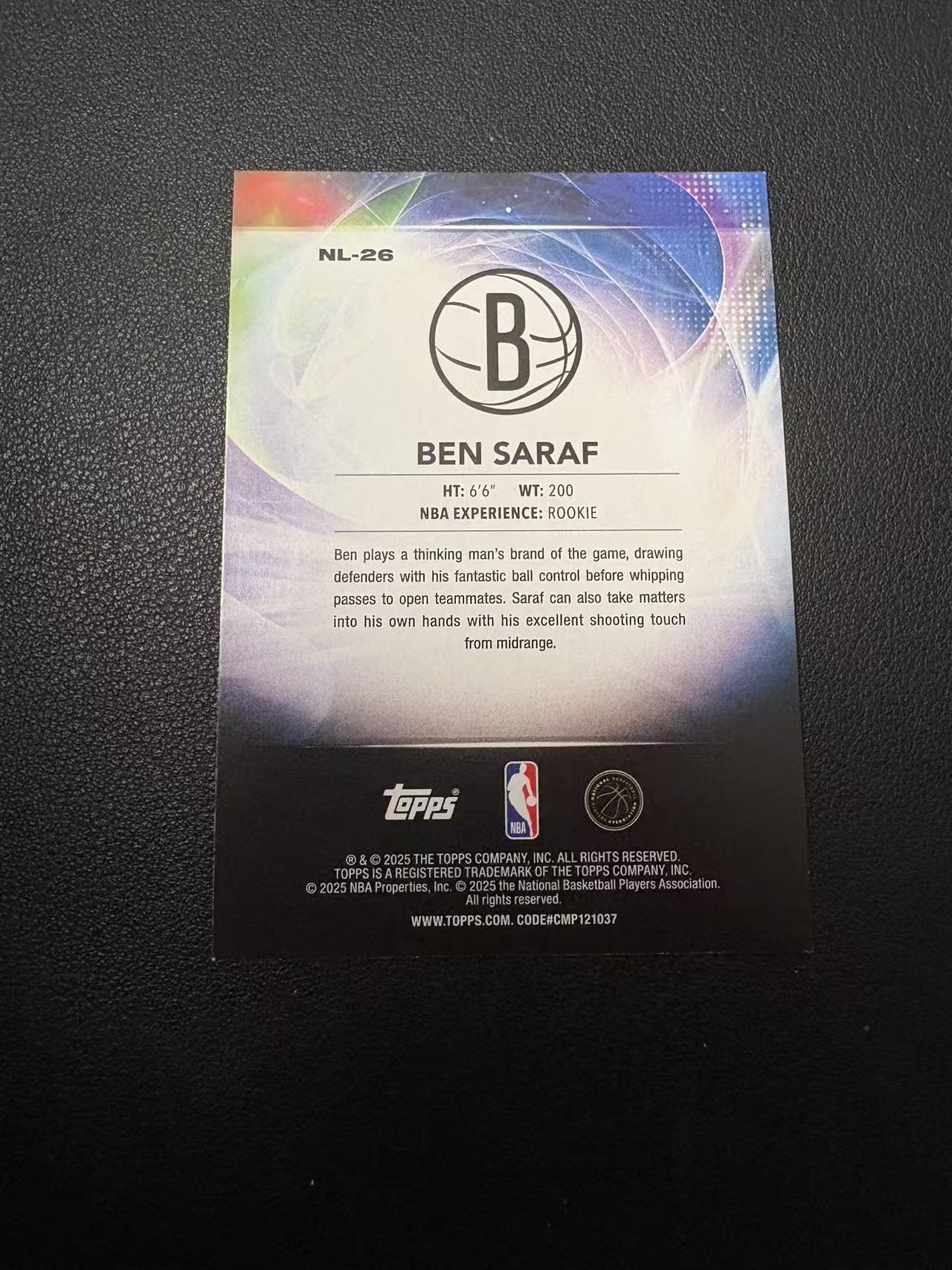2025 Topps flagship Ben Saraf RC 本 萨拉夫 新秀 no limit 特卡 亮面 折射 专收必备 卡品如图 N2
