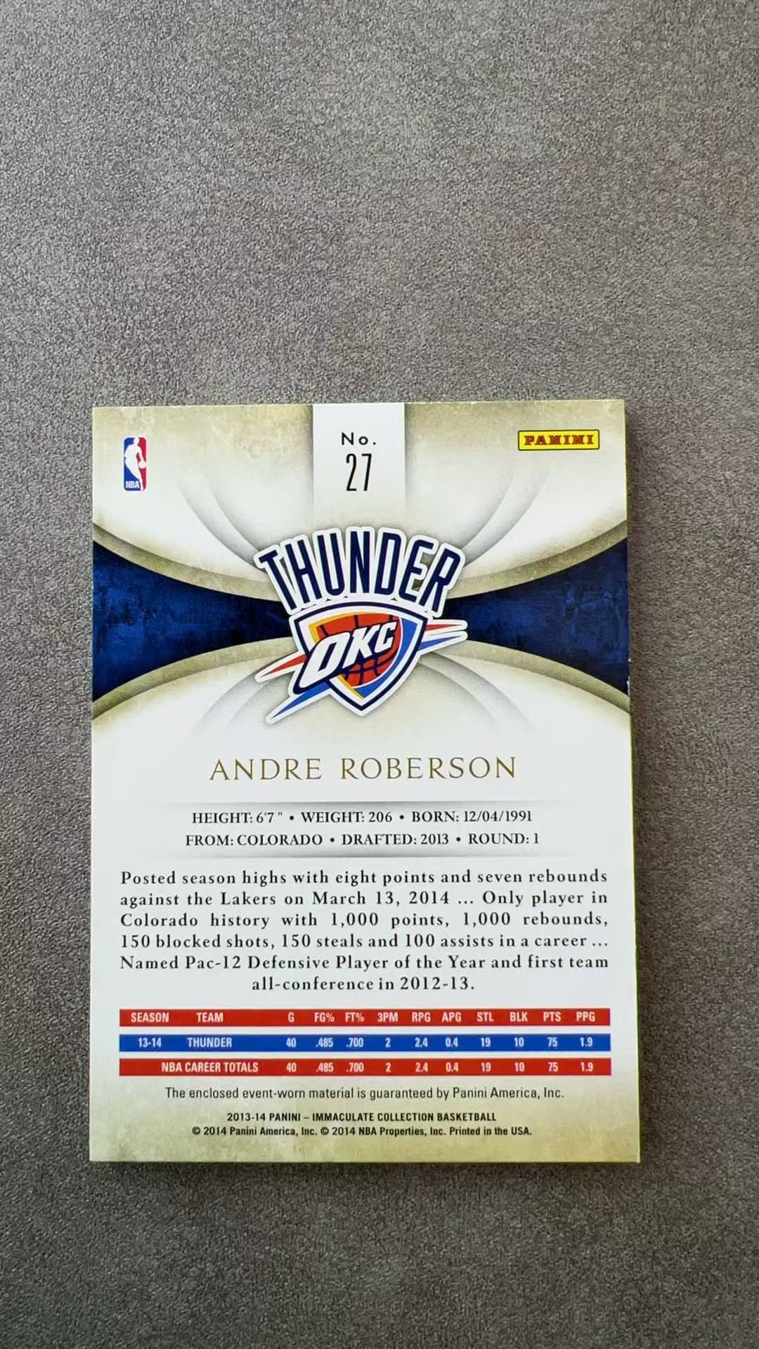 5902【330球星卡实体店代卖】2013-14 帕尼尼 IMM 安德烈 罗伯森 Andre Roberson 雷霆 新秀RC 大窗球衣 logoman 1/5编 首编 仅顺丰寄付(UK23)