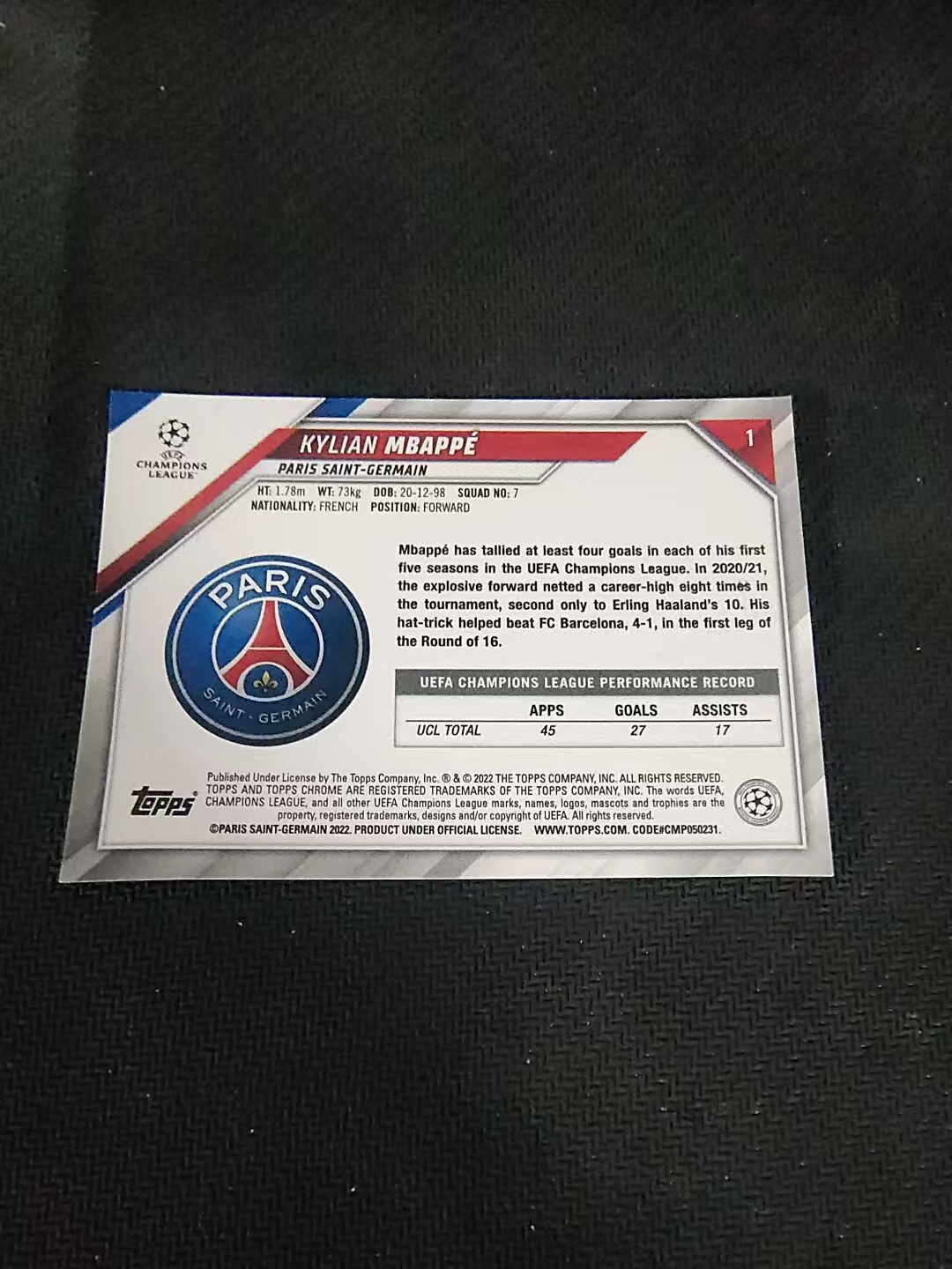 【可合并,不累计】2022 Topps Chrome Kylian Mbappe 欧冠TC 姆巴佩 大巴黎 皇马 法国 姆总 边角瑕疵 #1