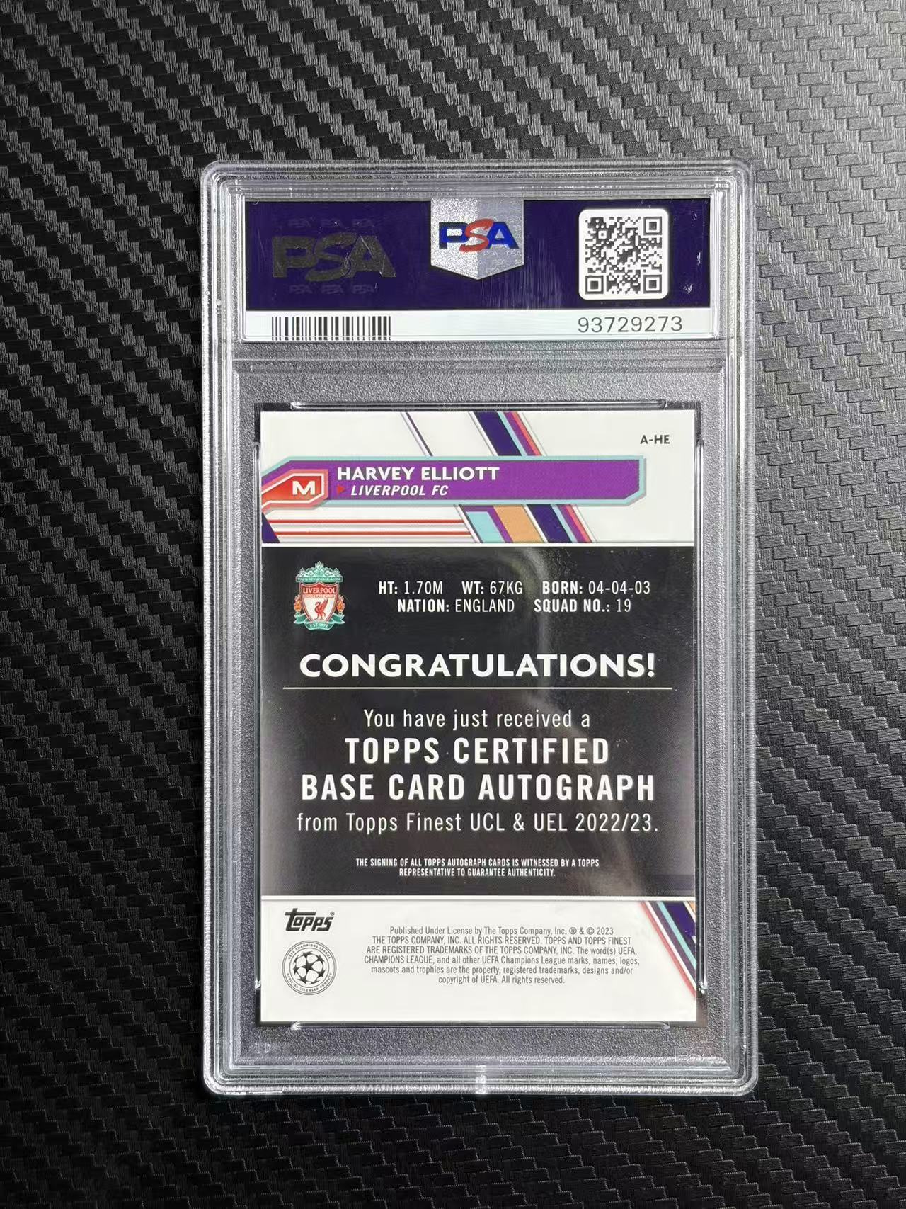 2022-23 Topps Finest Harvey elliott 欧冠 利物浦 哈维 埃利奥特 爆金 金折 1/1 编 签字 psa 签字9 卡品9 卡品如图 拍前看描述