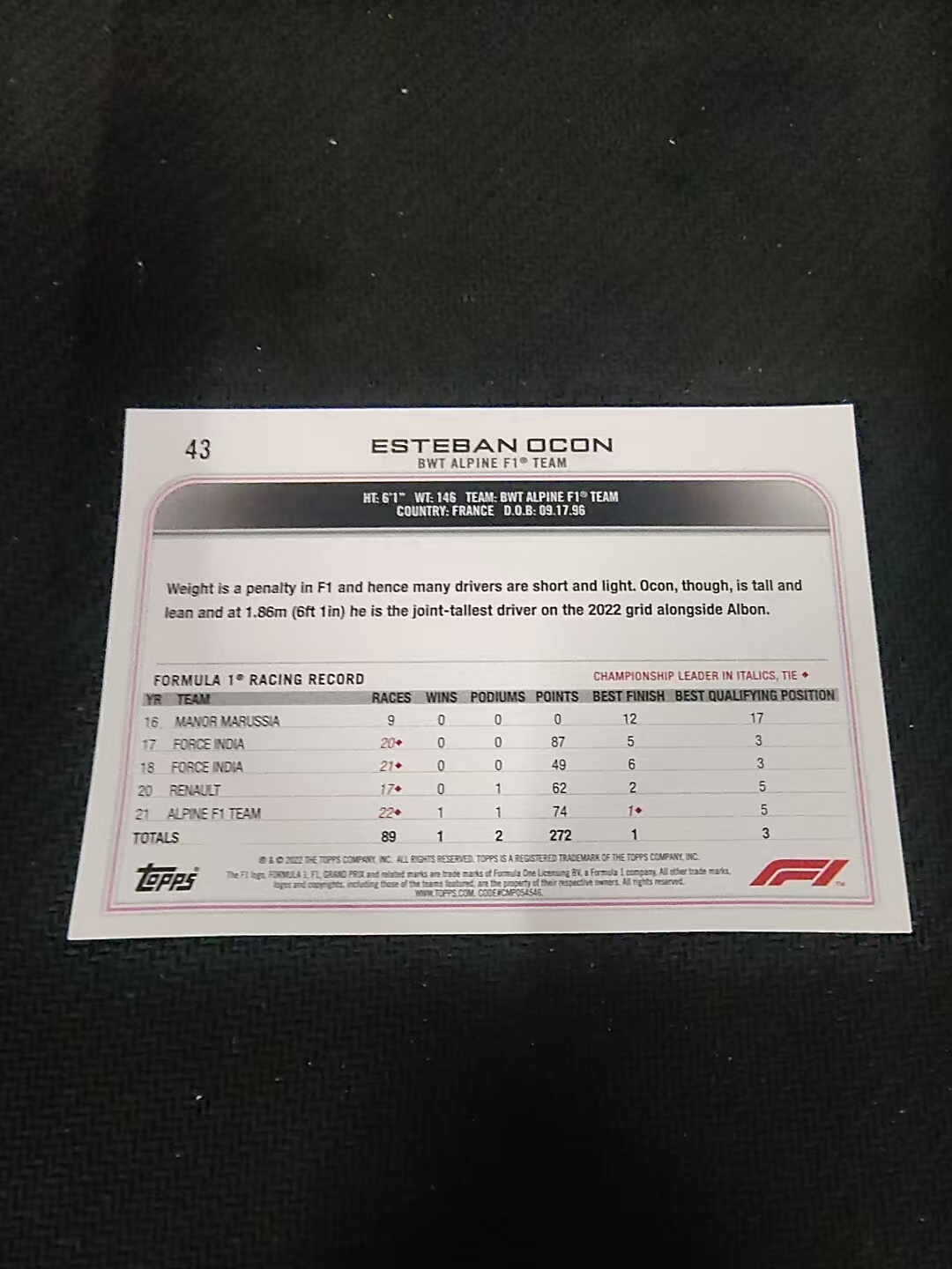 【汽水拍卖】2022 Topps Chrome F1 Esteban Ocon 埃斯塔班 奥康 划痕 边角瑕疵 @43