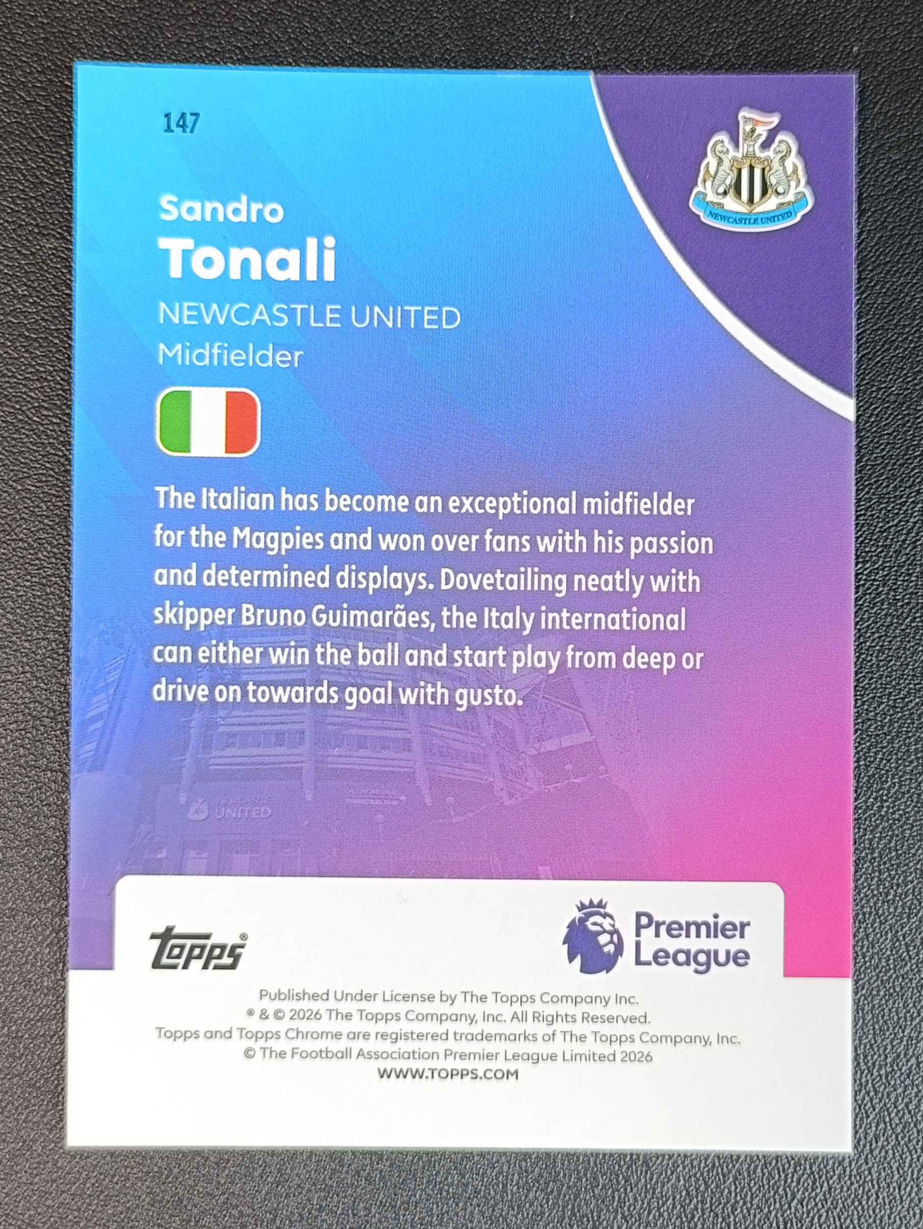 2026 Topps Chrome Sandro Tonali 元年 英超 TC 托纳利 纽卡 意大利 蓝宝石 碎冰 NEW ITA