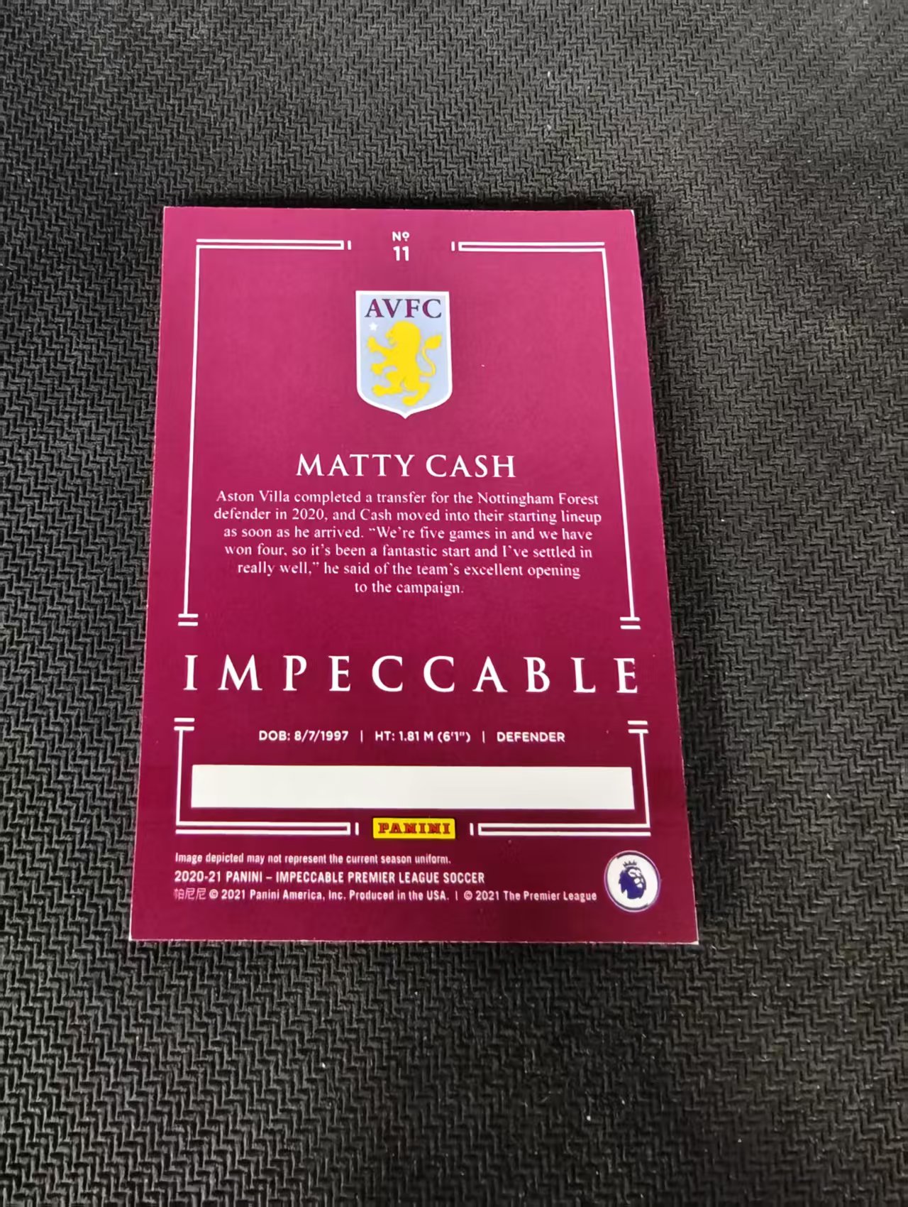 【可合并,不累计】 2020-21 Panini Impeccable Matty Cash RC 马蒂 卡什 新秀 阿斯顿维拉 75编 英超 小真金 边角瑕疵