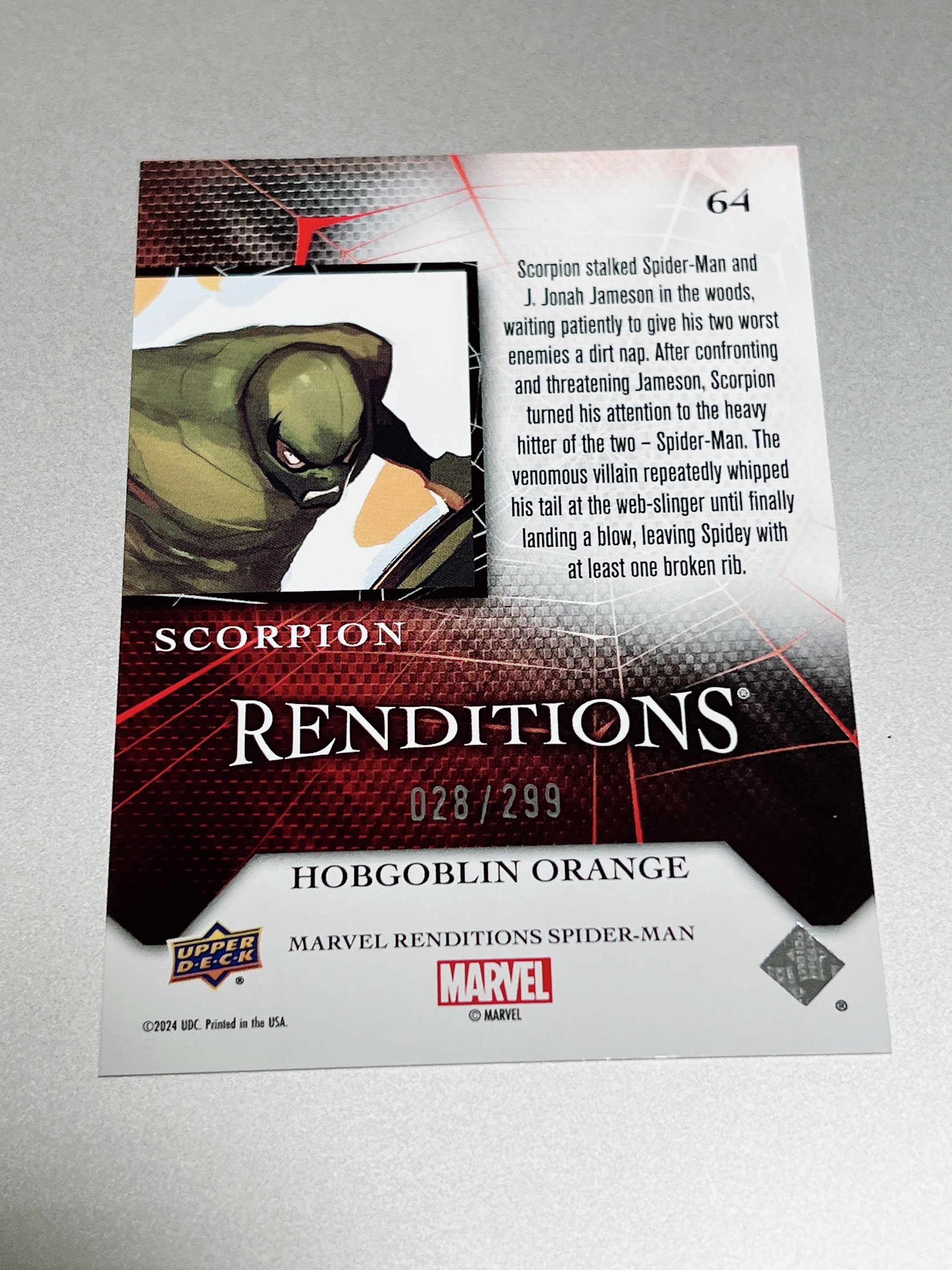 2024 Upper Deck Marvel (MCU) renditions 漫威 蜘蛛侠 演绎 毒蝎 Scorpion 橙折 限量 028/299 299编 品相如图 凑套必备