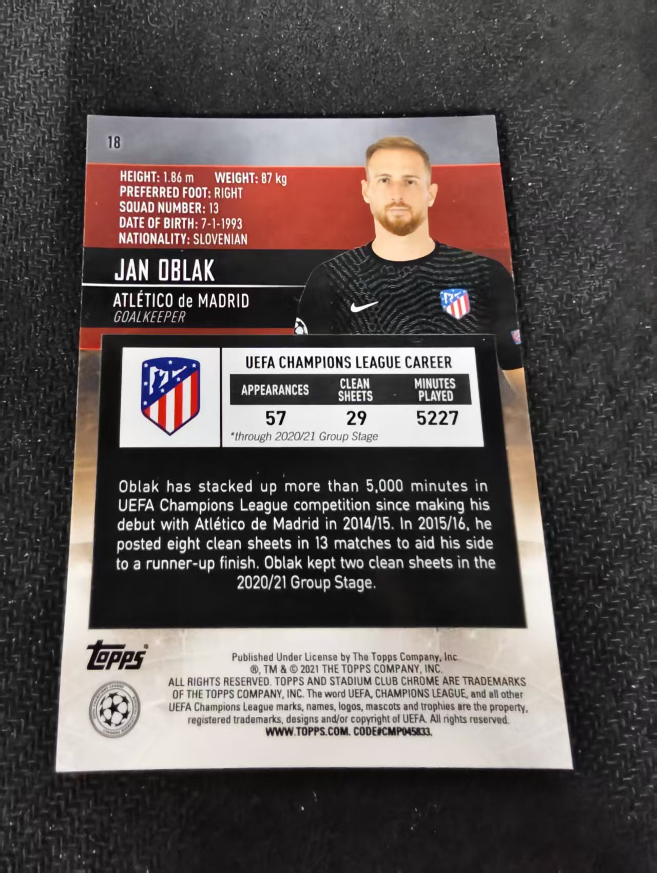 【可合并,不累计】2021 Topps Stadium Club Chrome Jan Oblak 奥布拉克 马德里竞技 马竞 欧冠 竞技场 不保卡品 介意勿拍 #18