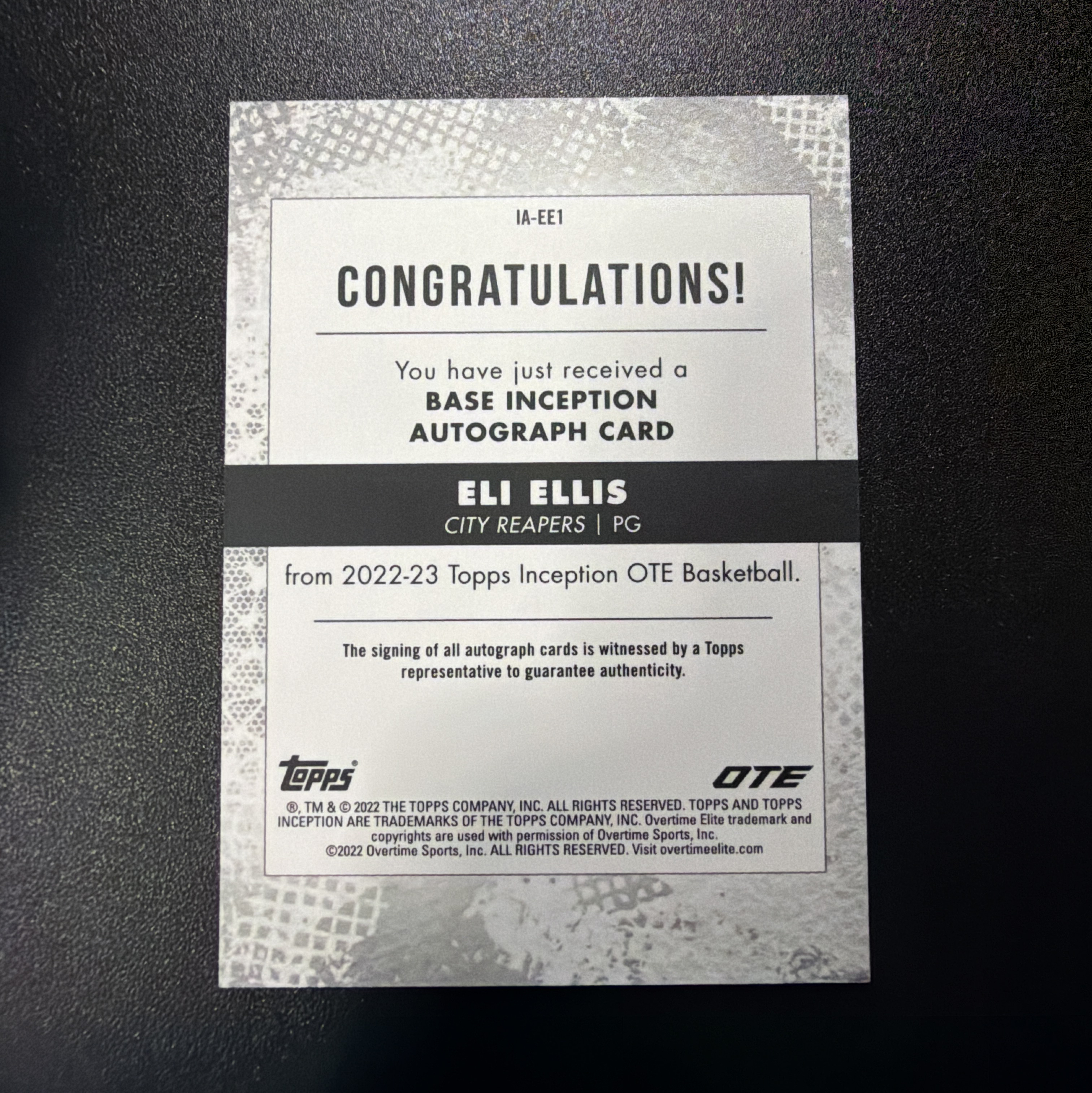 2022 Topps Inception Eli Ellis RC 【lge代卖】埃利 埃利斯 新秀 签字 44/75编 OTE 盗梦空间 瑕疵如图 周军