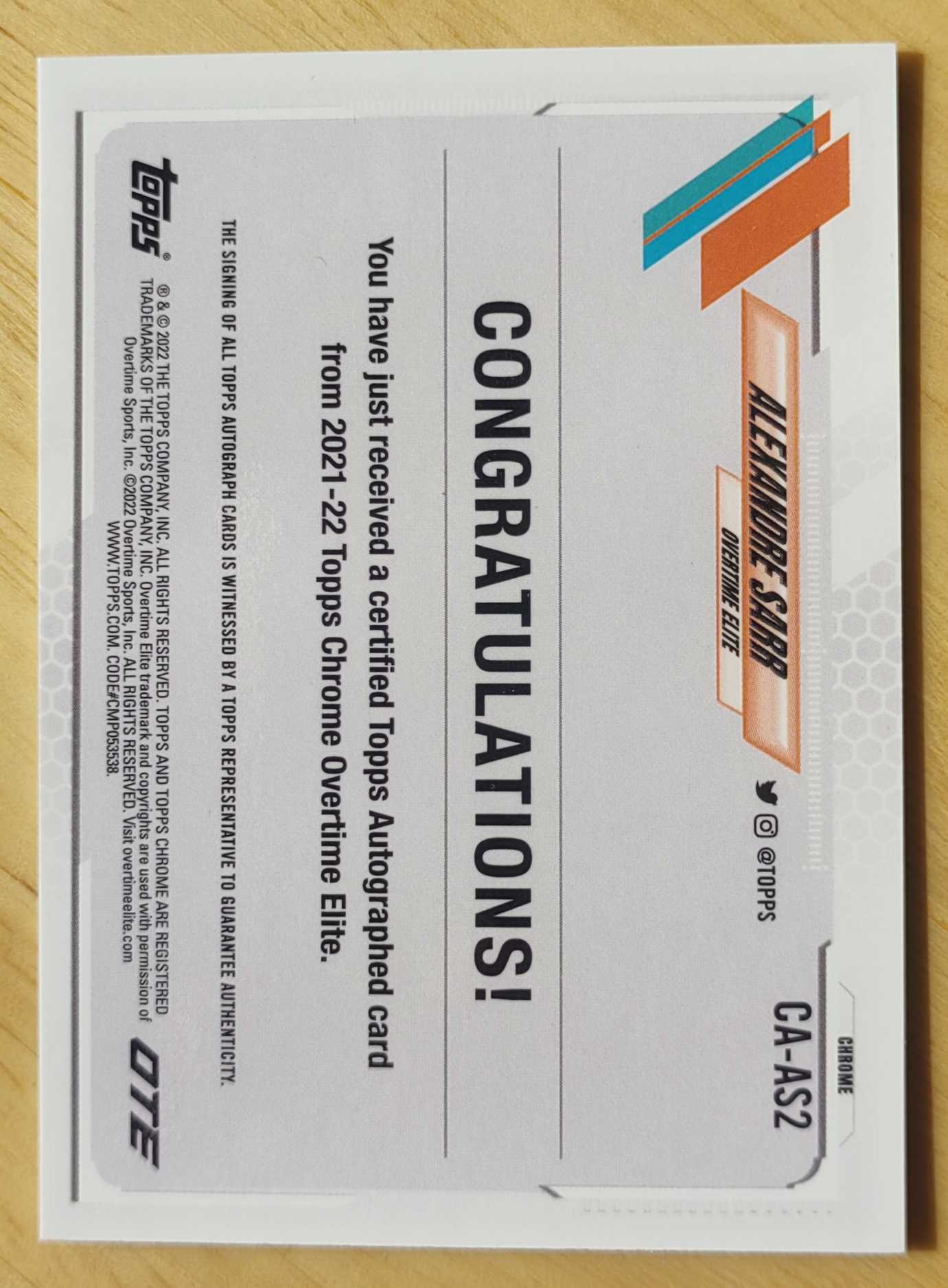 2022 萨尔 新秀折射签字 【飞人代卖】 Alex Sarr RC 卡签签名 topps chrome 品墨如图见描述 youth