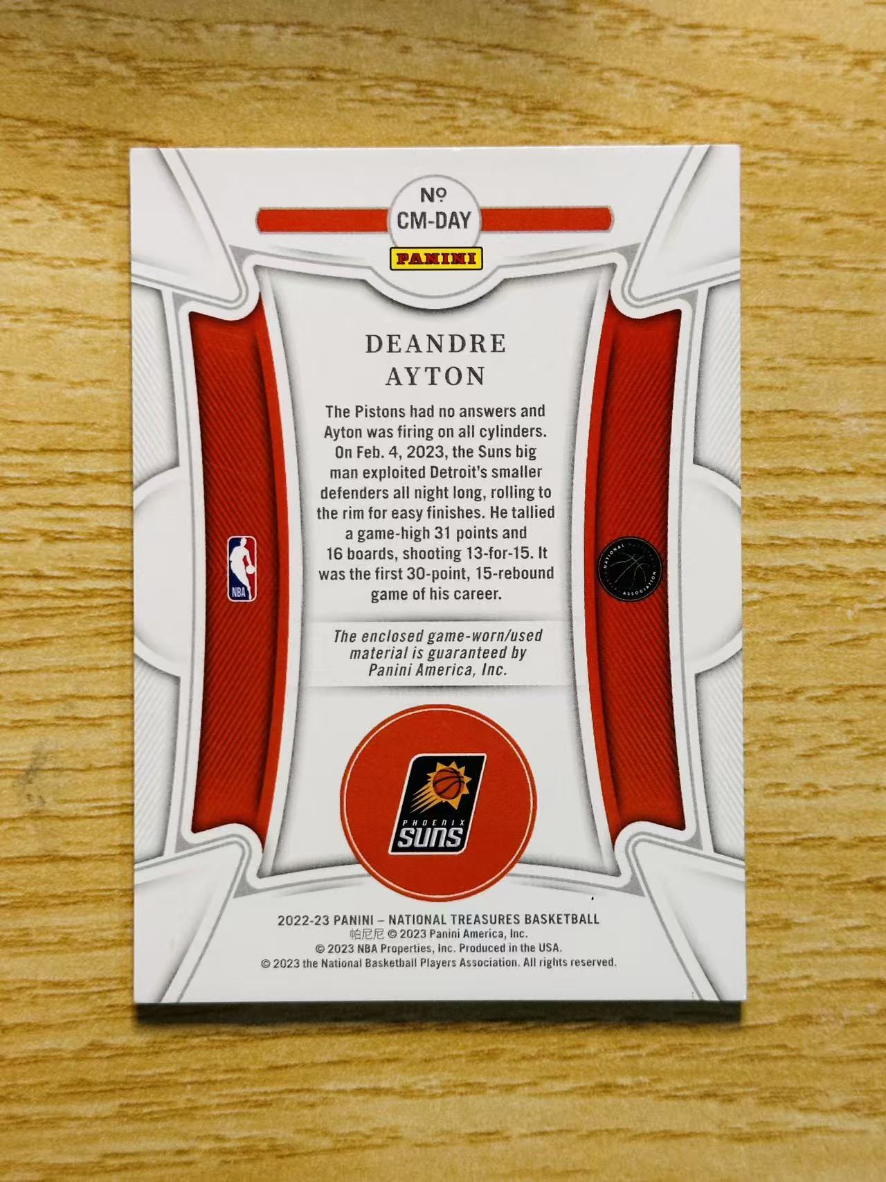 2022-23 Panini National Treasures Deandre Ayton 嘿嘿代卖 国宝 德安德烈 艾顿 球衣 物料 Patch 25编 太阳 顿宝 收藏必备