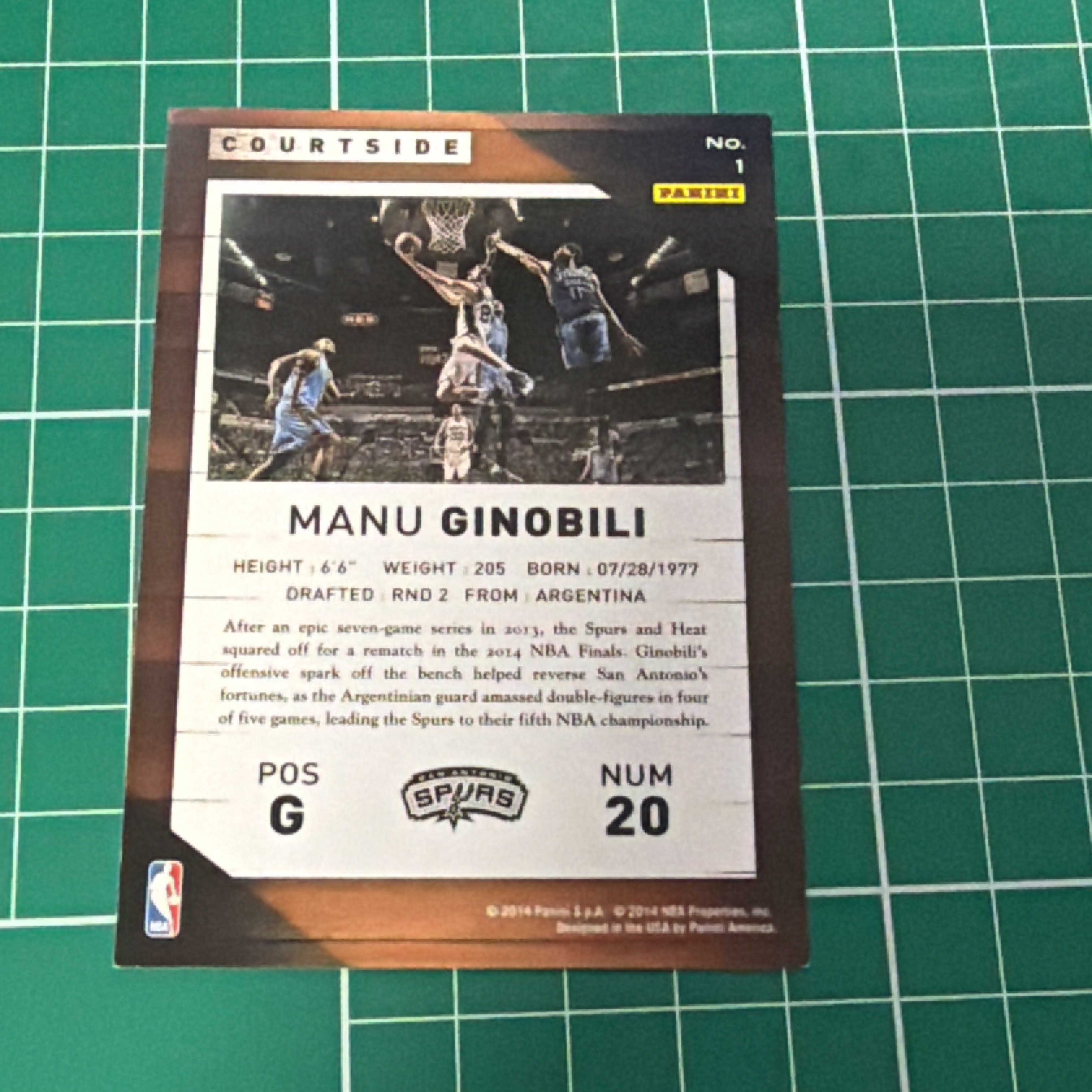 2014-15 Panini Americana Manu Ginobili S.p.a. 马努 吉诺比利 场边 横版特卡 courtside 十年老卡 绝版卡 稀有大比例 收藏必备