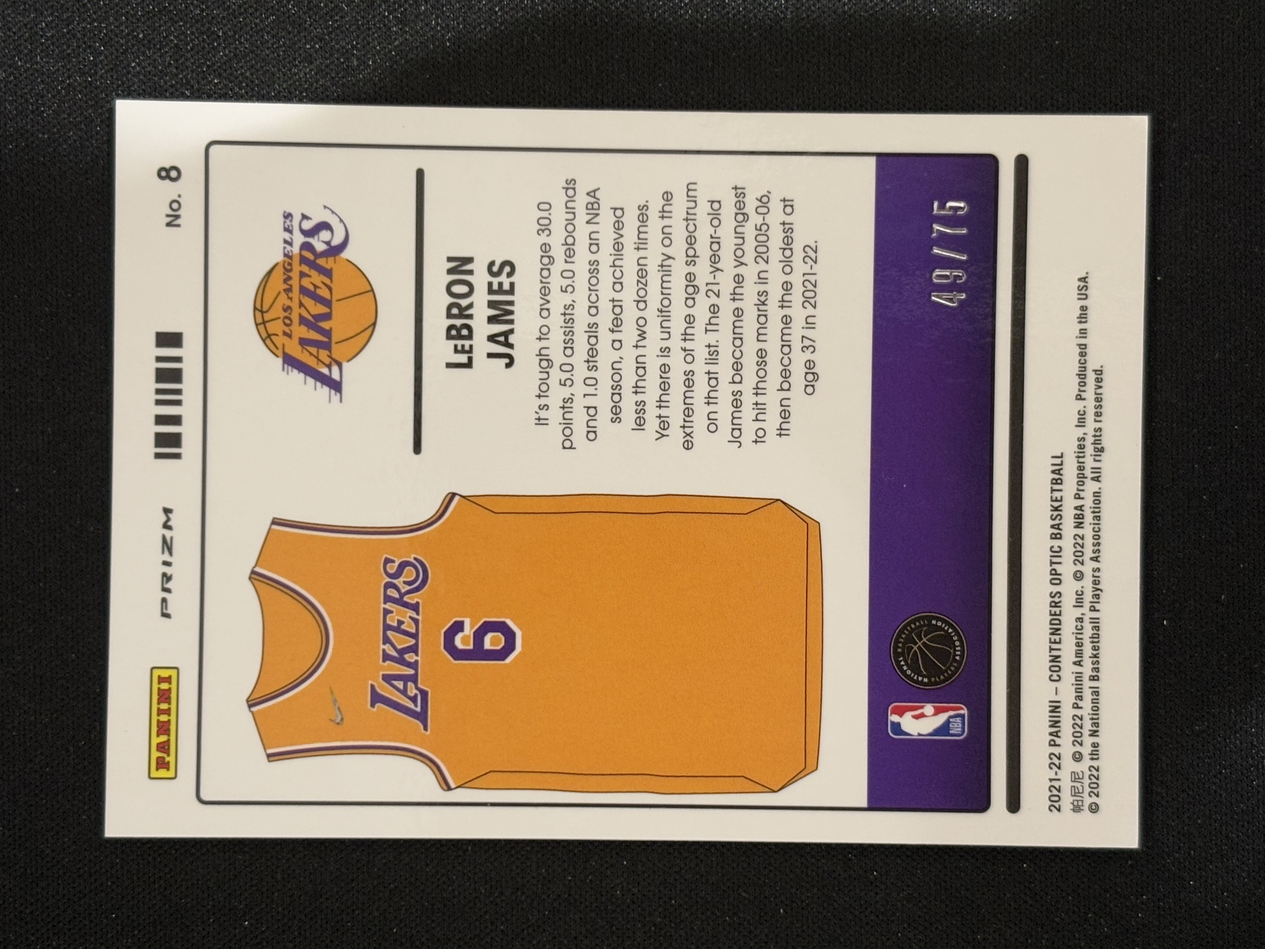 2021-22 Panini Contenders LeBron James 球票OP 勒布朗 詹姆斯 Uniformity 小背心特卡 蓝碎冰折 /75编 - Sasha