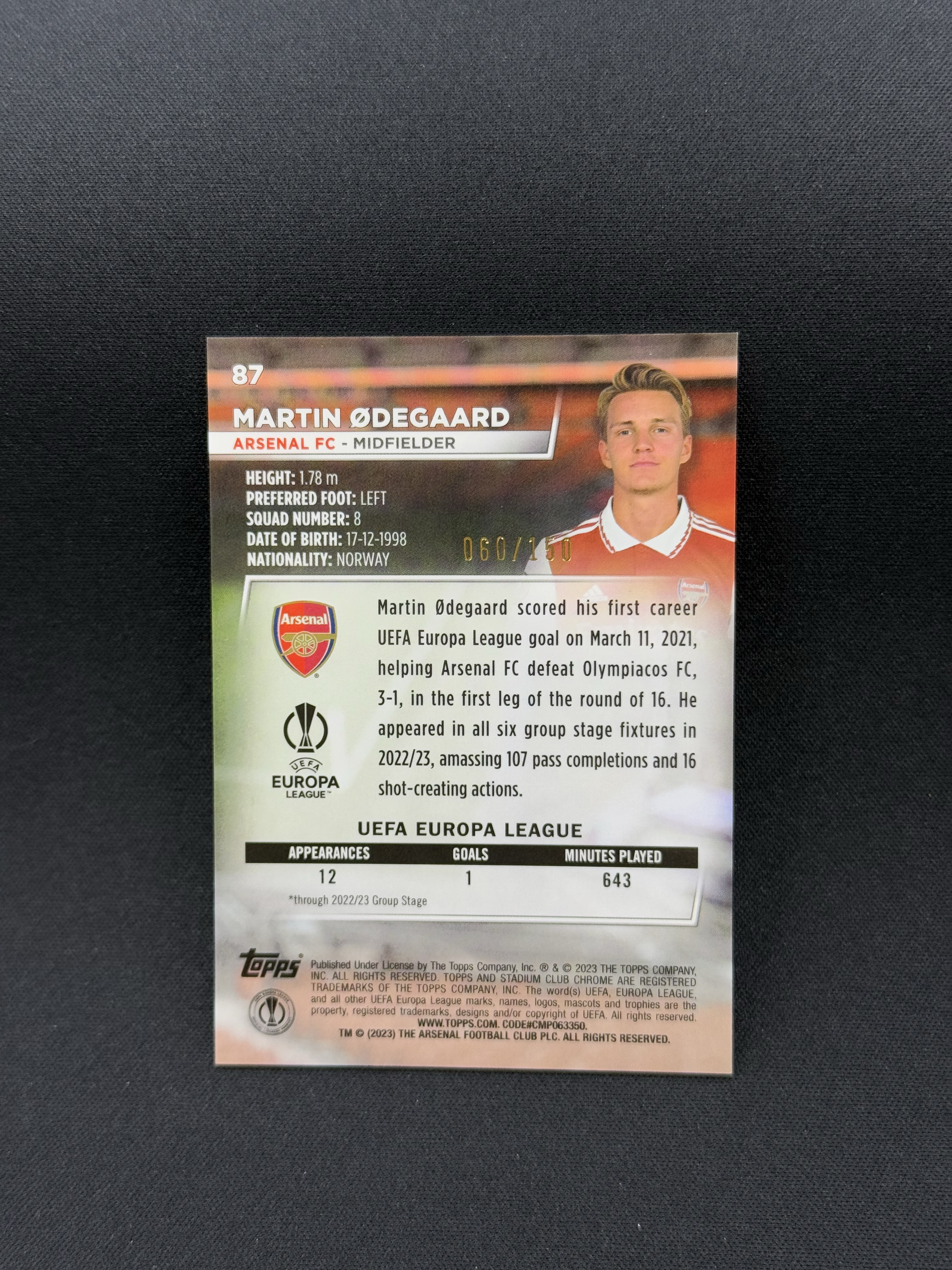 2022-23 Topps Stadium Club Martin Odegaard 【小贝代拍】欧战 竞技场 阿森纳 挪威 马丁 厄德高 粉波纹折 150编 卡品如图 拍前看描述 H HimL