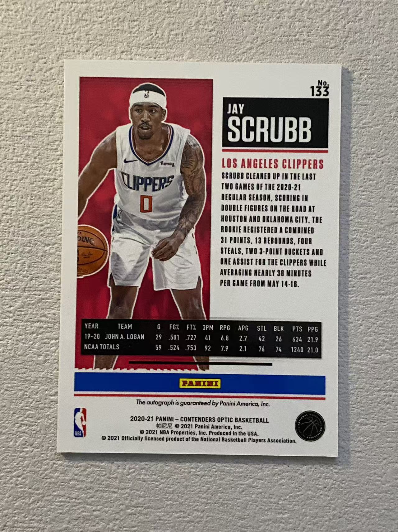 2020-21 Panini Contenders Optic Jay Scrubb RC 球票op 快船 新秀rc 杰 斯克鲁布 签字 卡签 银折 折射 收藏必备