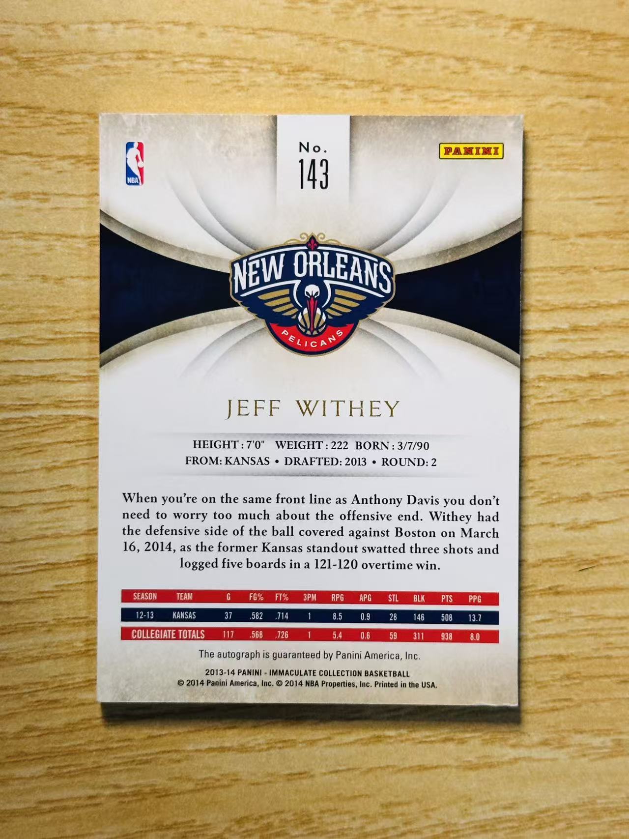 2013-14 Panini Immaculate Jeff Withey RC #143 杰夫 维希 鹈鹕 签字 卡签 新秀年 37/99编