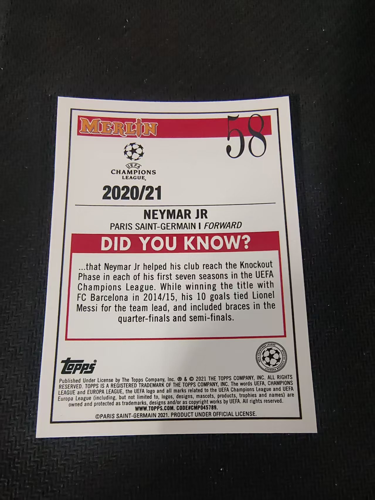 【可合并,不累计】2021 Topps Merlin Neymar Jr. 欧冠 梅林 巴黎圣日耳曼 内马尔 划痕 边角瑕疵 #58