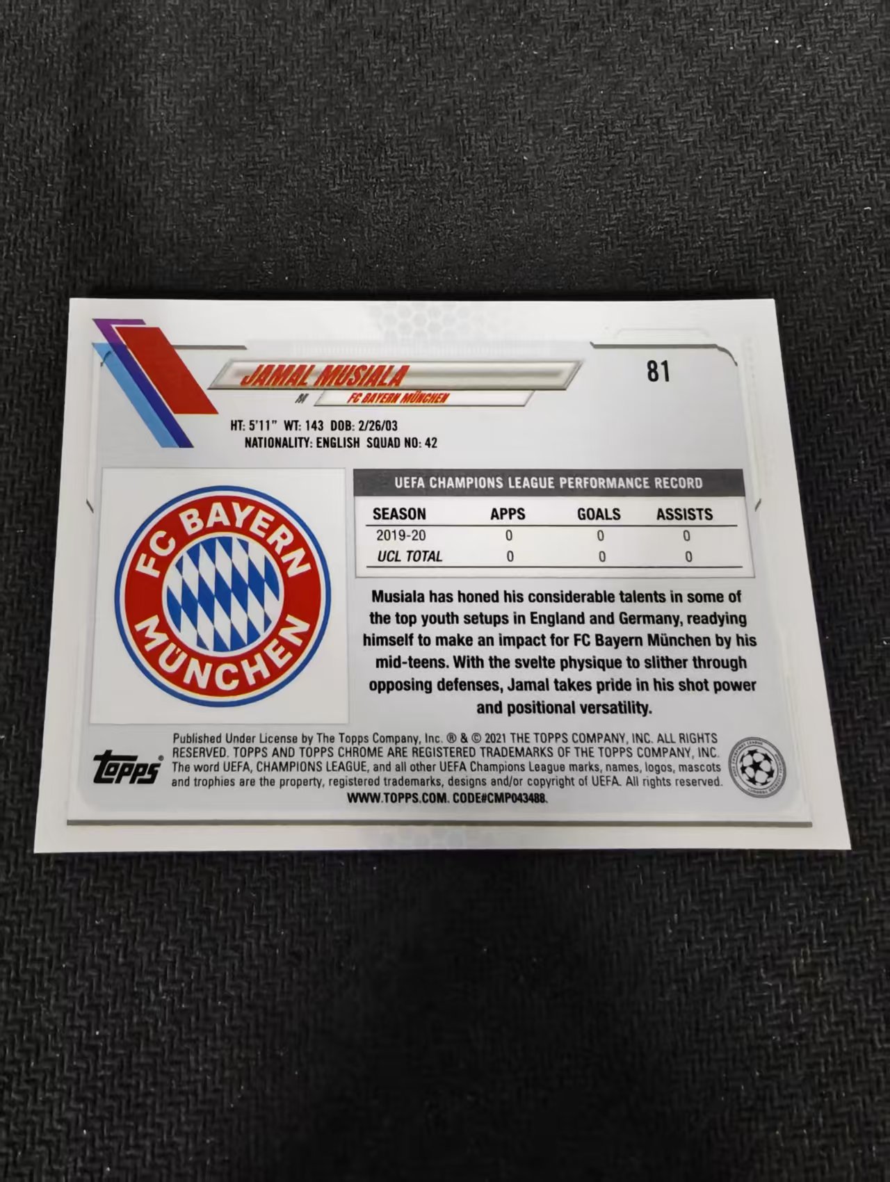 【可合并,不累计】2021 Topps Chrome Jamal Musiala RC 新秀 拜仁 穆夏拉 欧冠 不保卡品 介意勿拍 @81