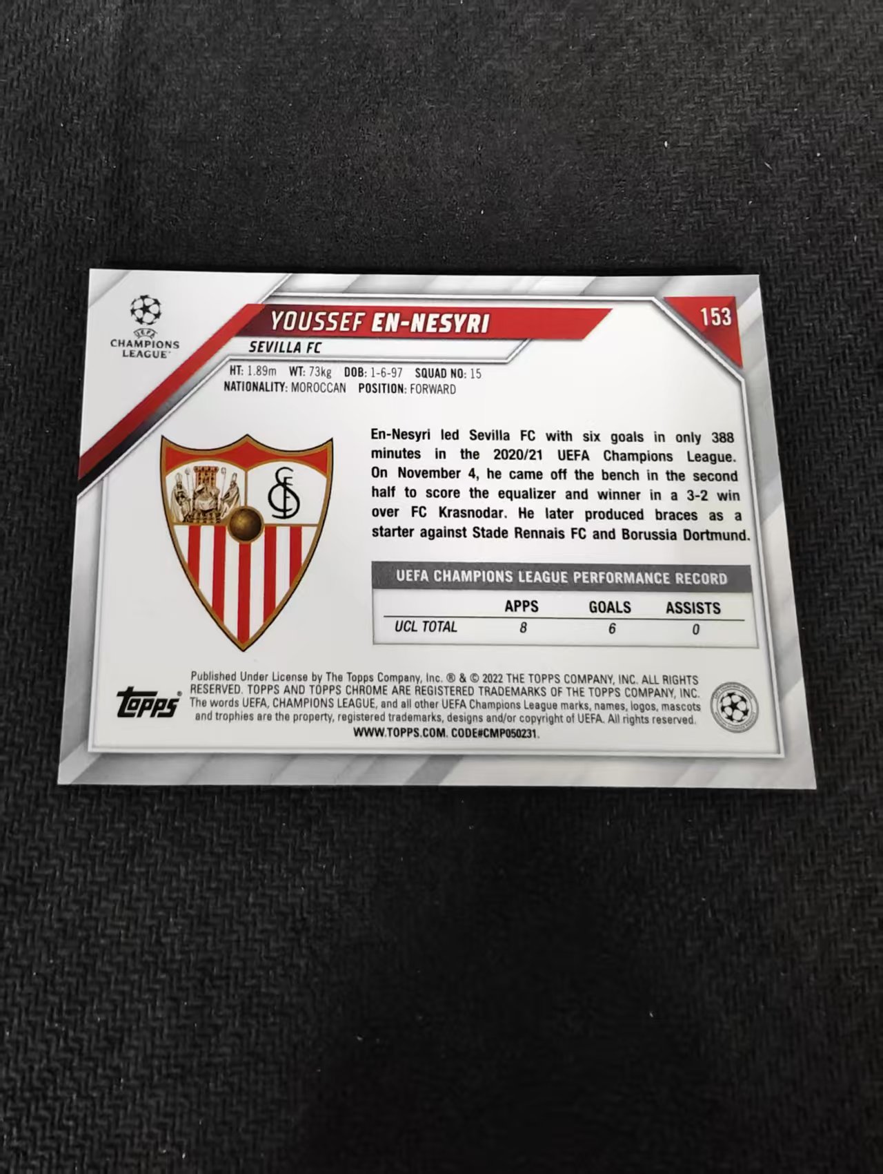 【可合并,不累计】2022 Topps Chrome Youssef En Nesyri 恩内斯里 塞维利亚 欧冠 不保卡品 介意勿拍 #153