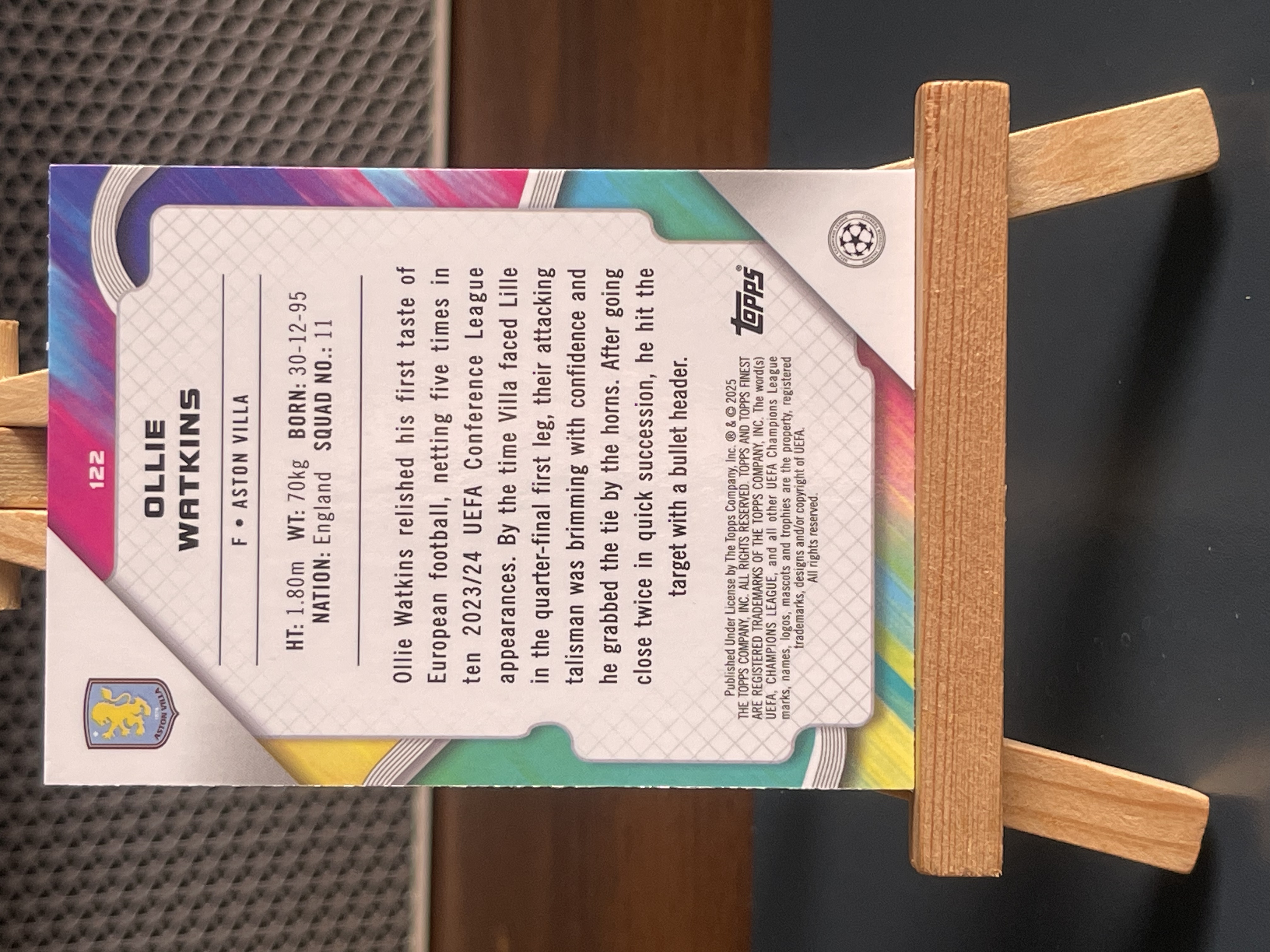 2025 Topps Finest Ollie Watkins 欧冠 阿斯顿维拉 奥利 沃特金斯 瓦特金斯 蓝折 058/275编 卡品如图 值得收藏 不累计!