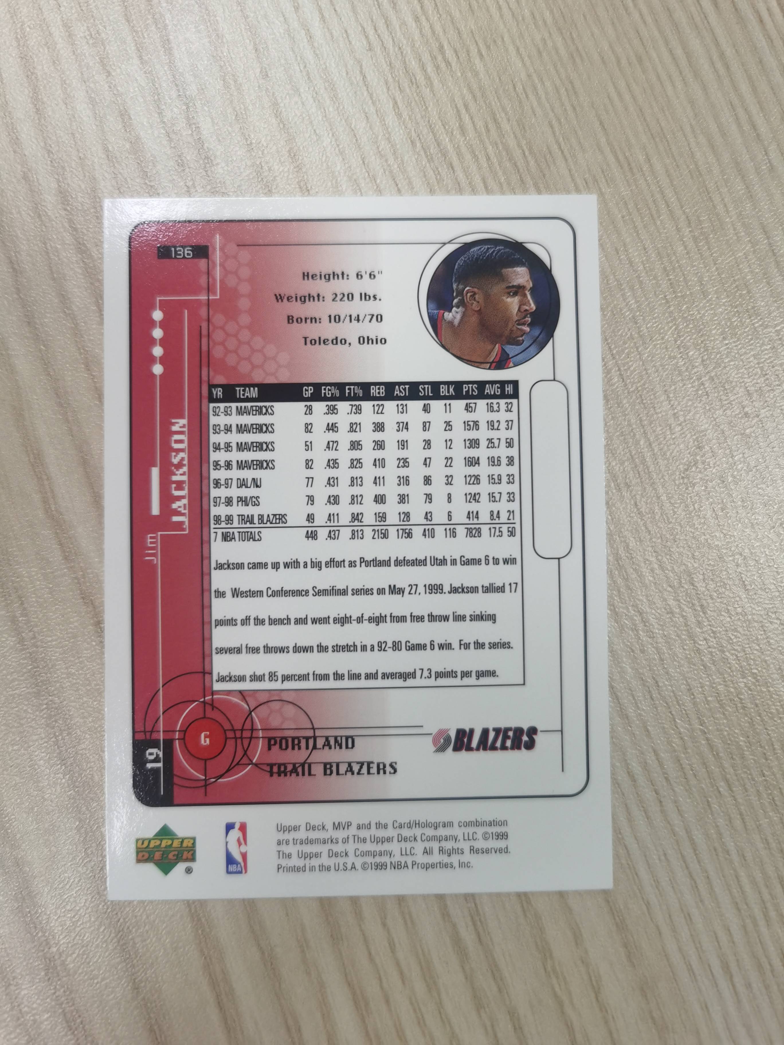 1999-00 Upper Deck MVP Jim Jackson 1999-00 吉姆-杰克逊 UD mvp 银标 硬通货 著名浪子 开拓者 极具收藏价值