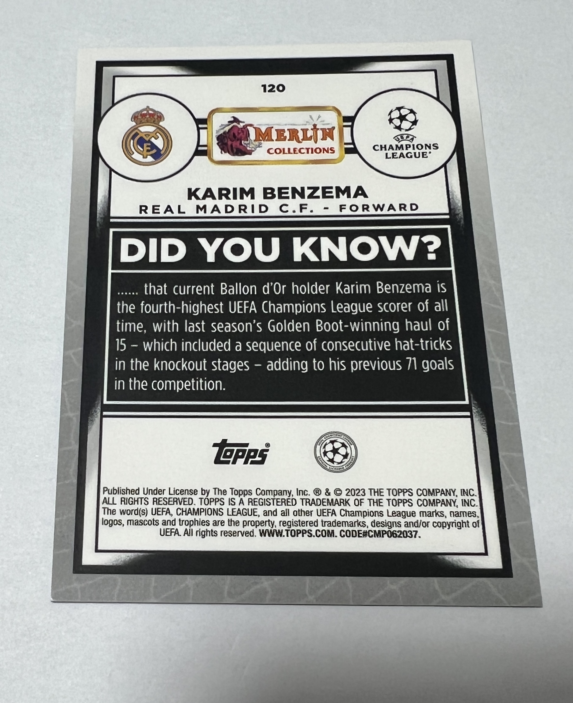 2023 Topps Merlin Karim Benzema 卡里姆・本泽马 法国 皇家马德里 蓝shimmer折 欧冠 梅林 37/75编 卡品如图